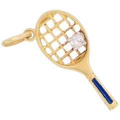 Retro Tennis Racket Diamond Blue Enamel Gold Charm Pendant Estate Fine Jewelry