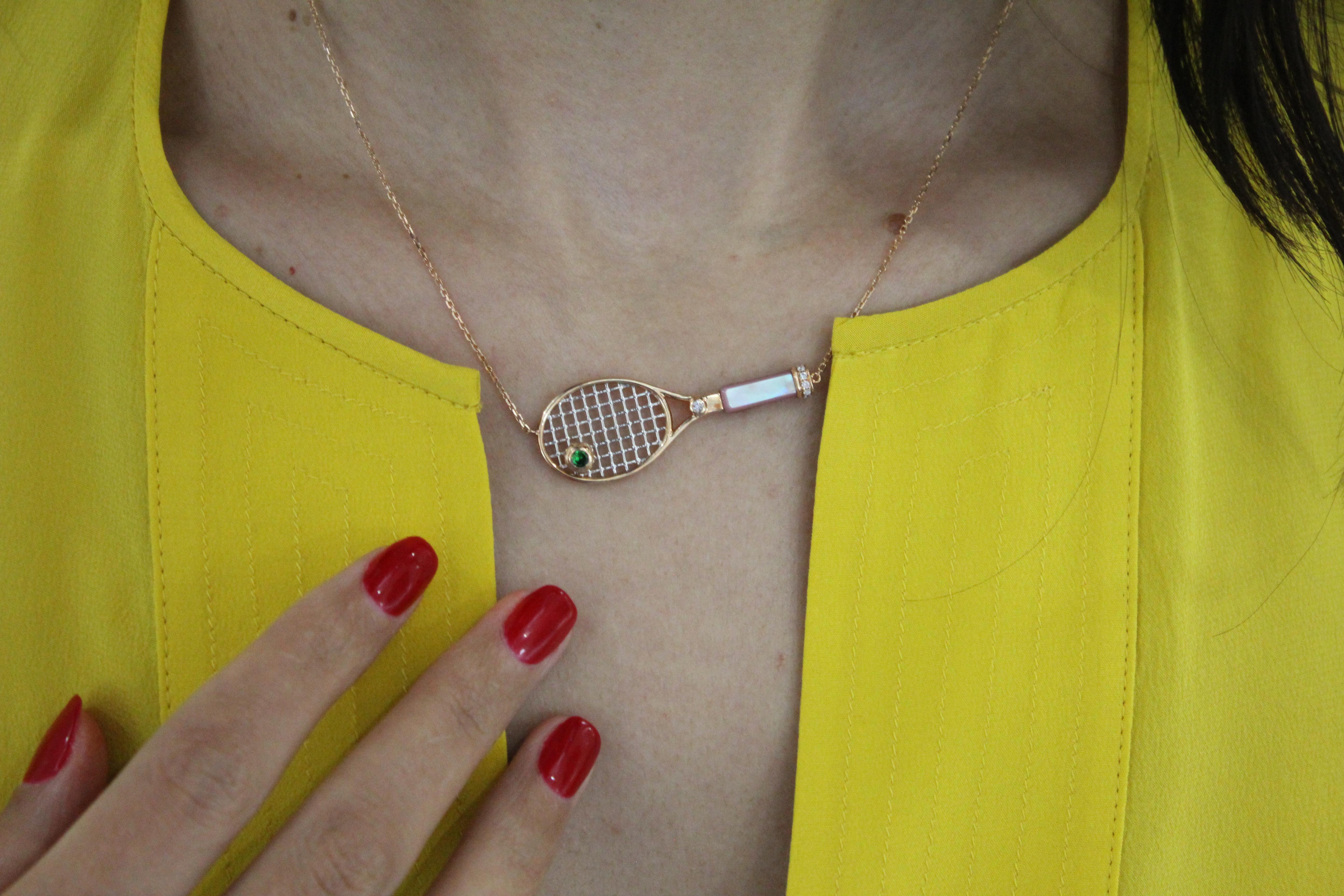 Women's or Men's Diamond Pink Pearl Emerald 18 Karat Gold Tennis Racket Charm Pendant Necklace For Sale