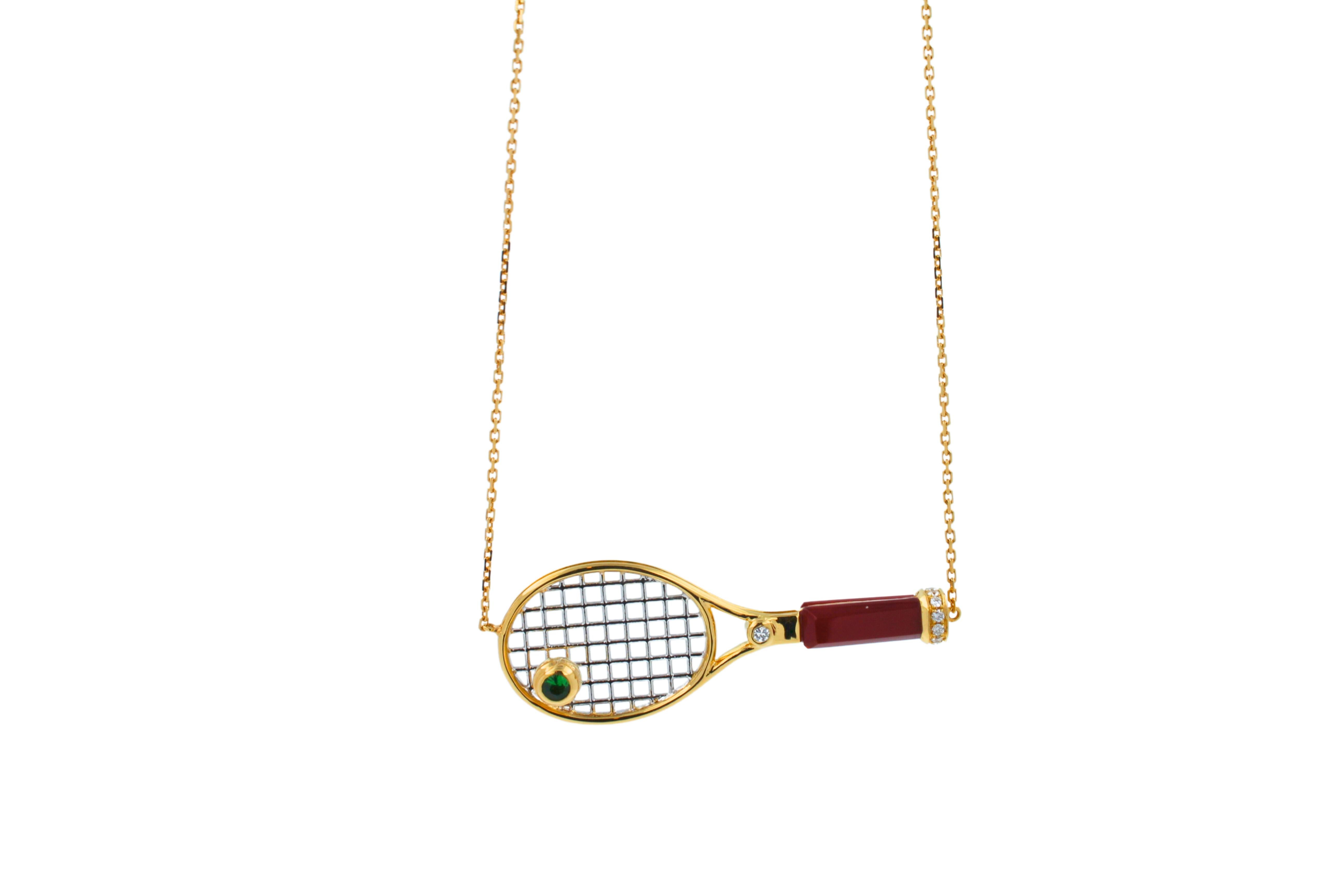 18K Yellow Gold
Red Carnelian Gemstone Handle
Green Emerald Tennis Ball Gemstone
0.25 cts Diamonds
16-18 inches Diamond-Cut Link Cable adjustable chain length
Approximate Ace Racket Length: 1.77” inches / 4.5 centimeters
Designed & Handmade in