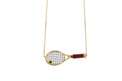 Tennis Racket Red Agate Carnelian Emerald 18 Gold Charm Diamond Pendant Necklace