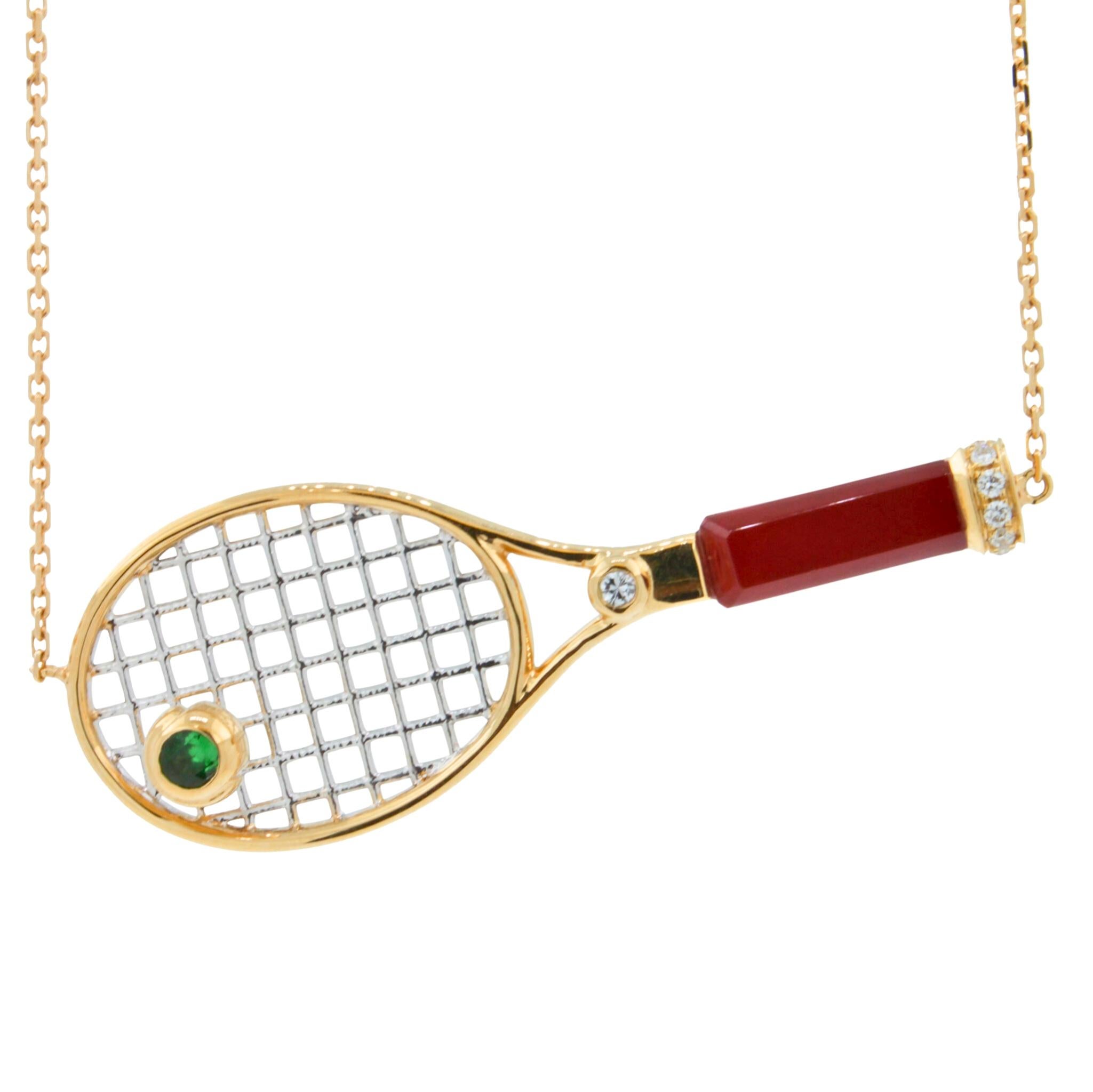 Tennisschläger Halskette mit Anhänger aus 18 Karat Gold mit rotem Achat, Karneol und Smaragd