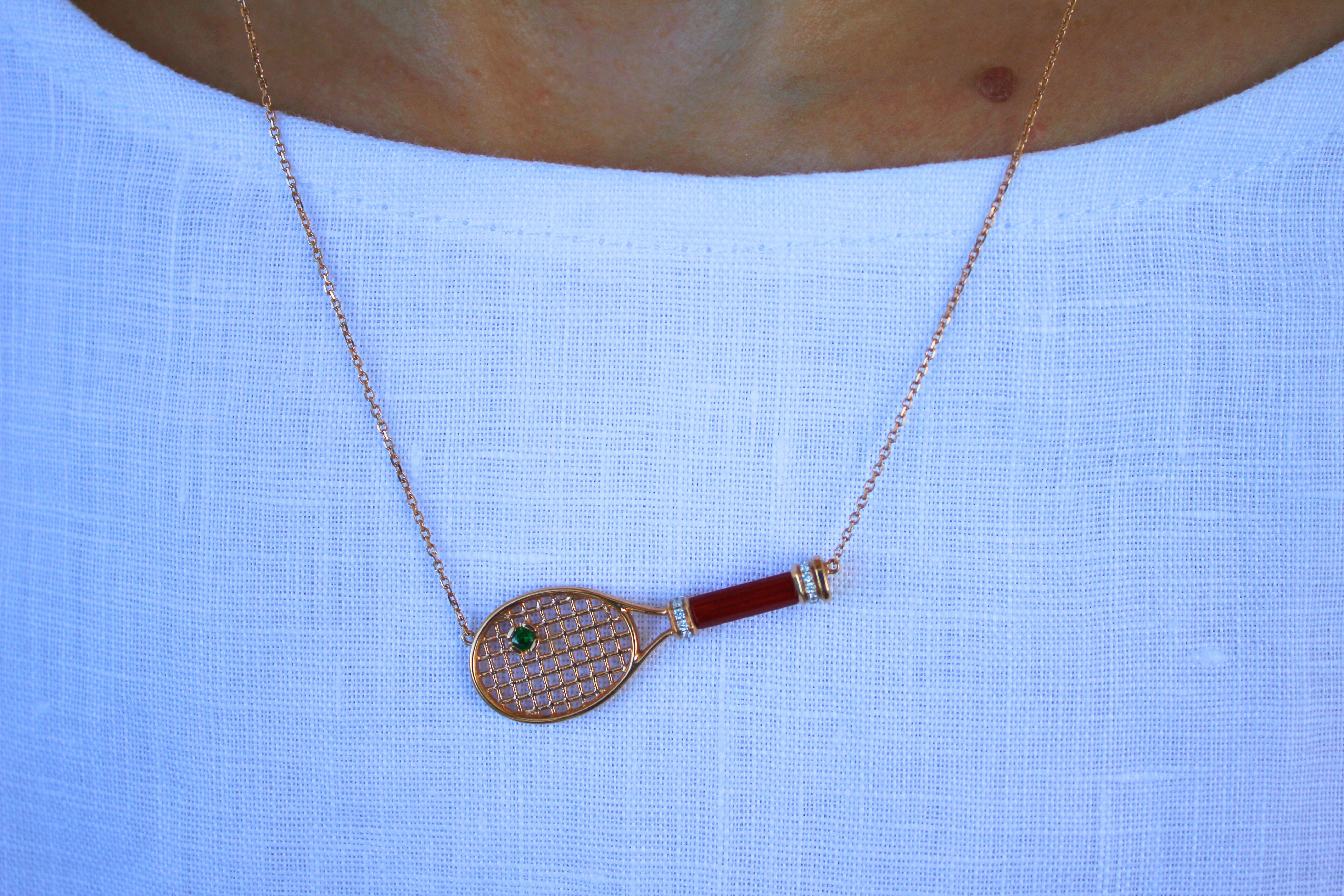 Tennis Racket Red Carnelian Handle Green Emerald Ball Rose Gold Necklace Pendant For Sale 4
