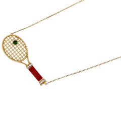 Tennis Racket Red Carnelian Handle Green Emerald Ball Rose Gold Necklace Pendant