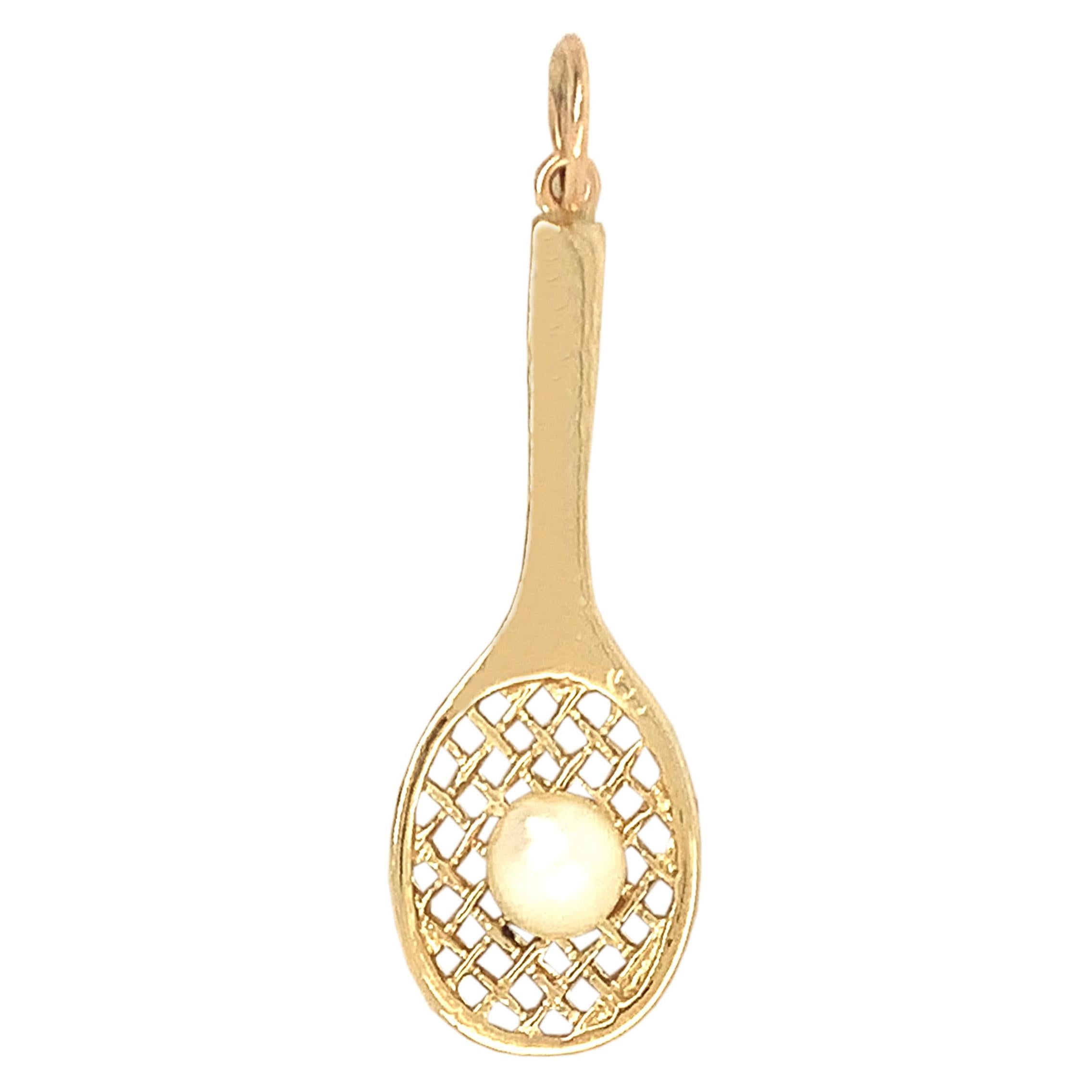 Tennis Racquet Gold Pearl Pendant Charm For Sale
