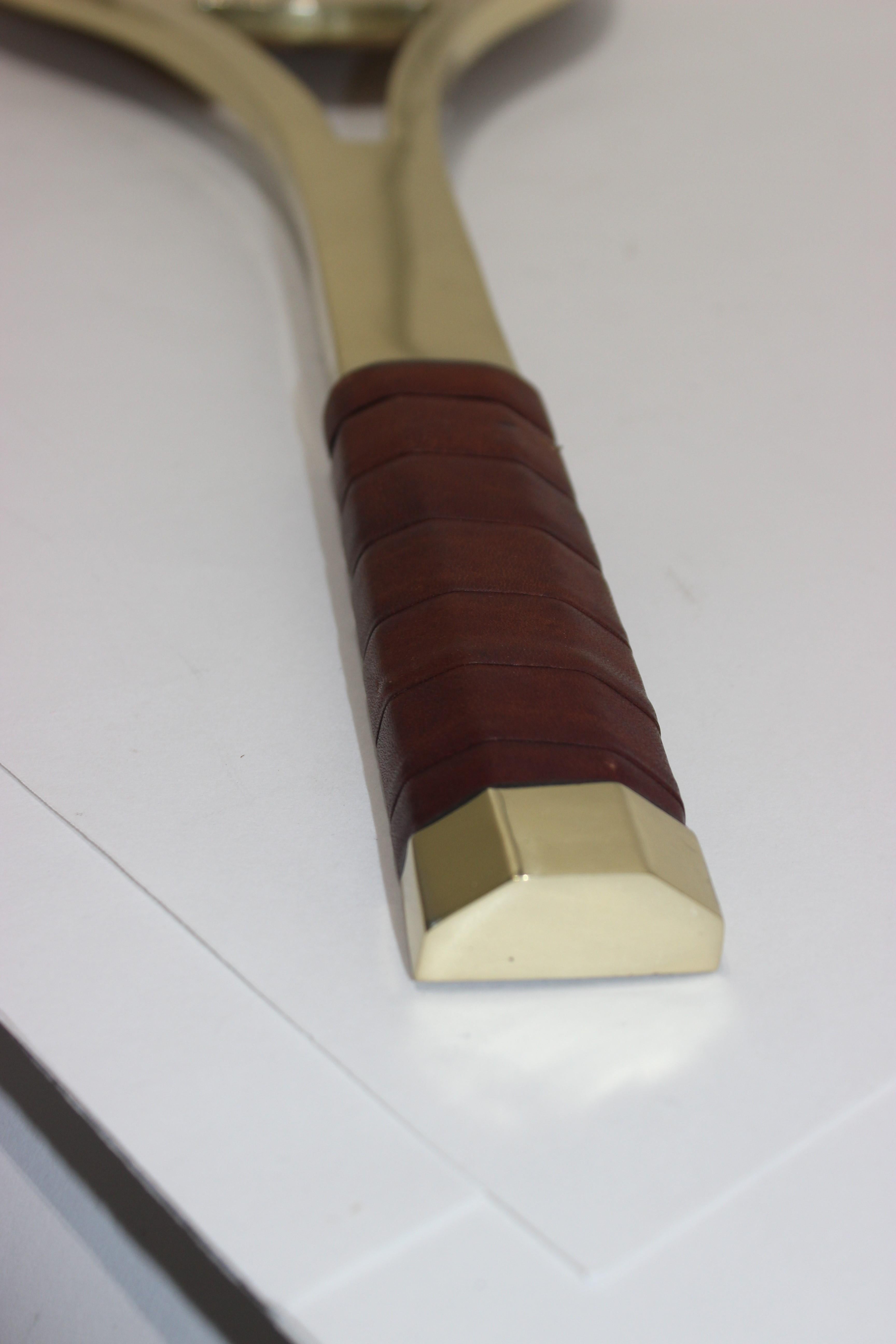 Tennis Racquet Wall Mirror in Polished Brass and Leather 4