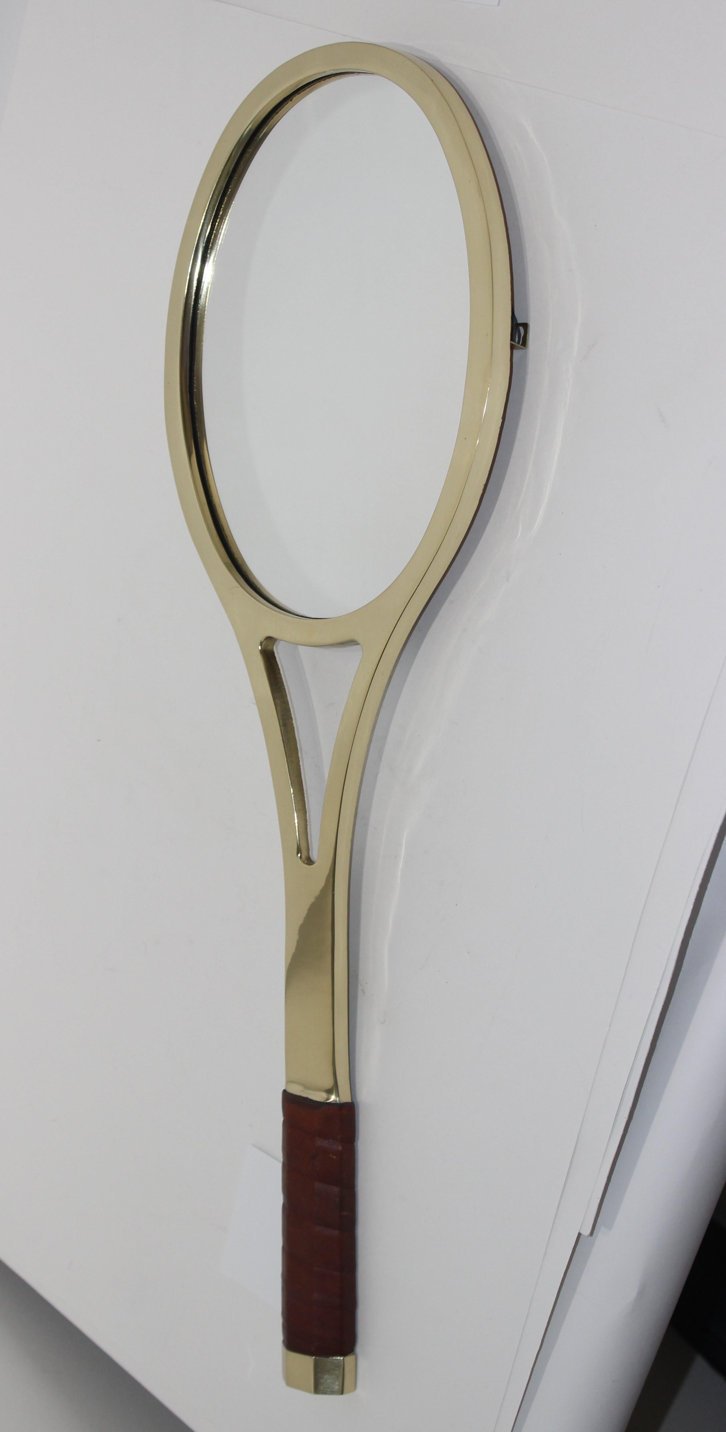 Tennis Racquet Wall Mirror in Polished Brass and Leather 5