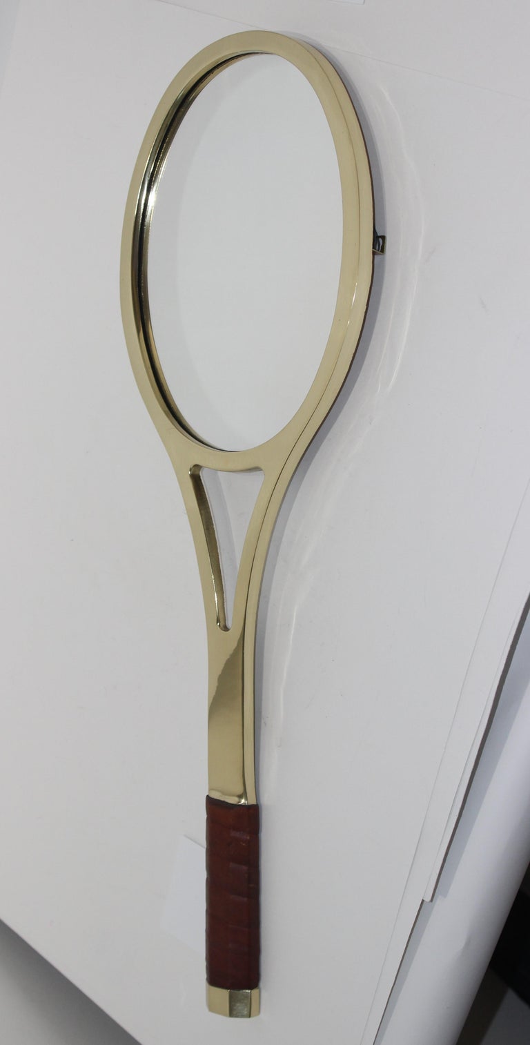 Tennis Racquet Wall Mirror in Polished Brass and Leather at 1stDibs