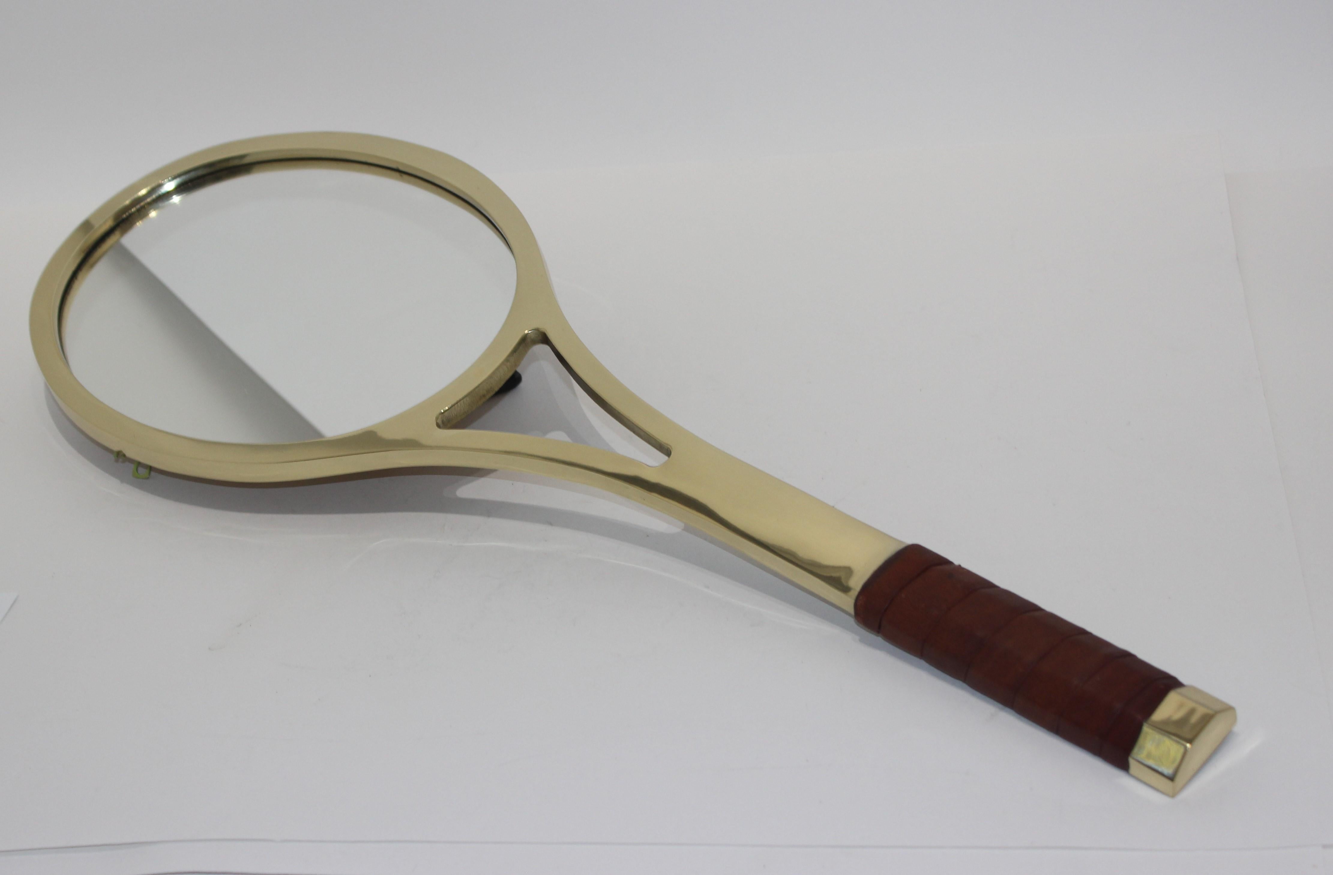 Sporting Art Tennis Racquet Wall Mirror in Polished Brass and Leather