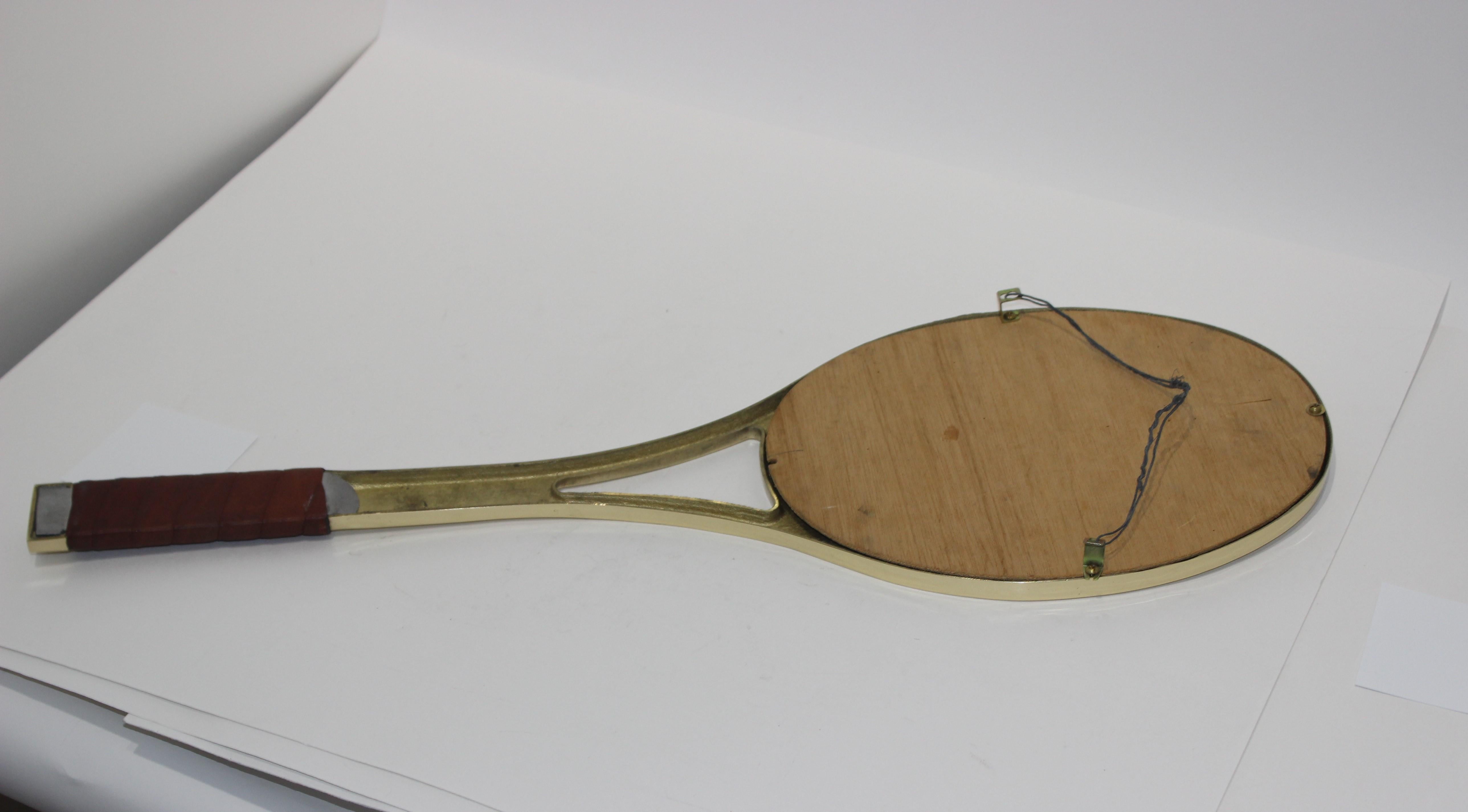 Late 20th Century Tennis Racquet Wall Mirror in Polished Brass and Leather