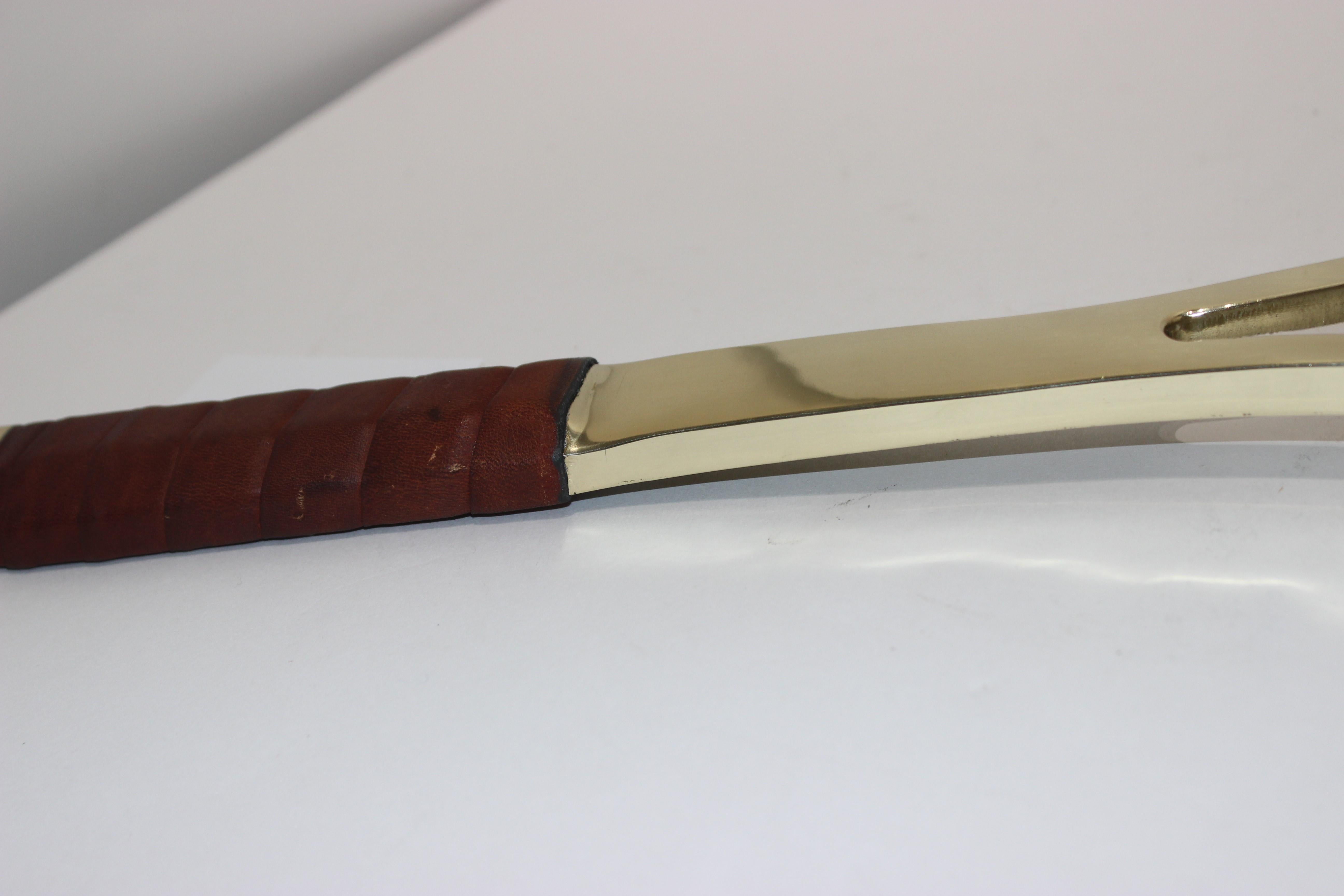 Tennis Racquet Wall Mirror in Polished Brass and Leather 3