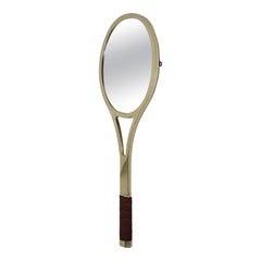 Vintage Tennis Racquet Wall Mirror in Polished Brass and Leather