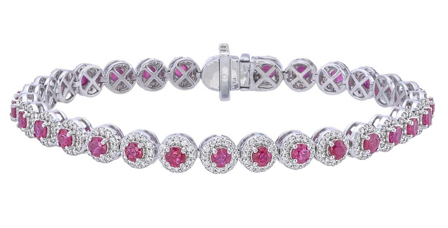 Artisan Tennis soft bracelet with all around ruby with a halo of round diamonds For Sale