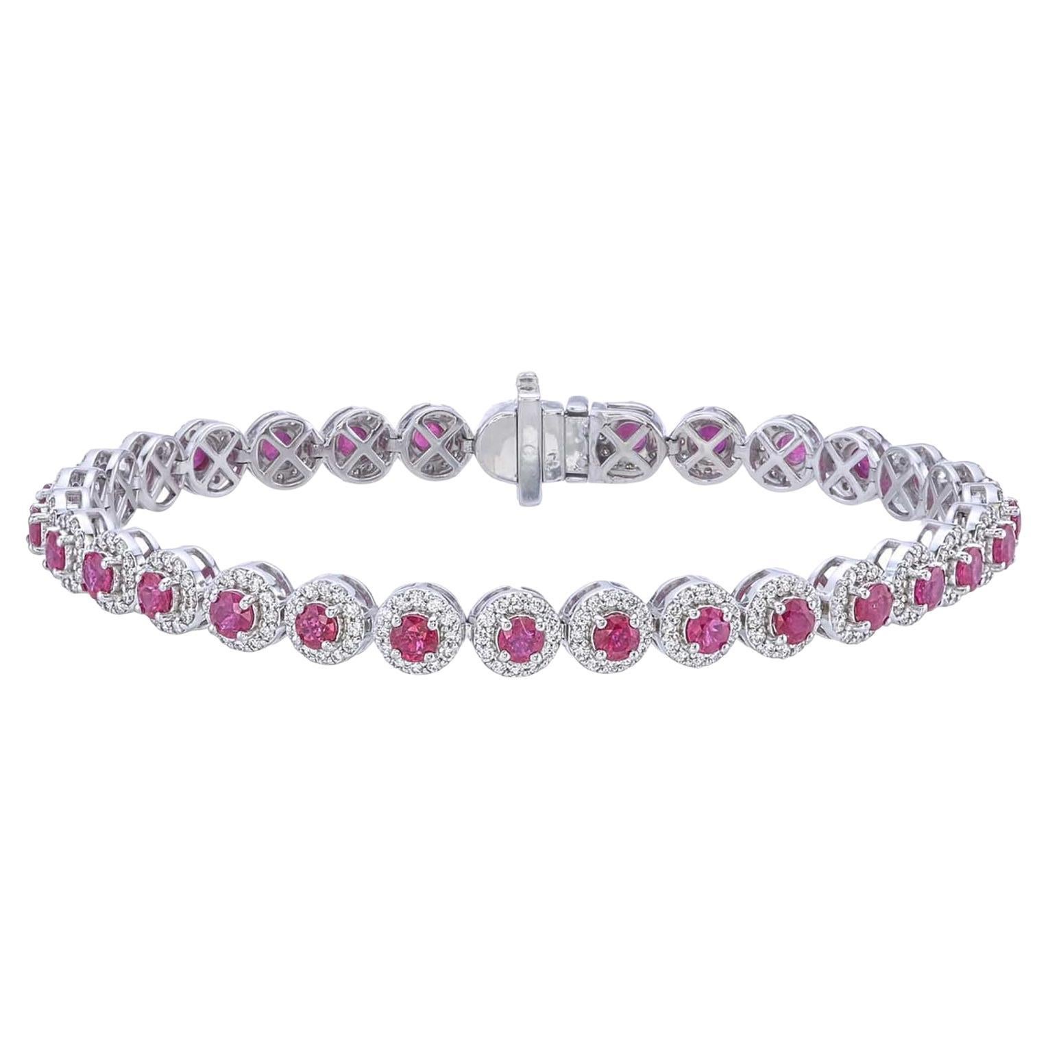 Tennis soft bracelet with all around ruby with a halo of round diamonds For Sale