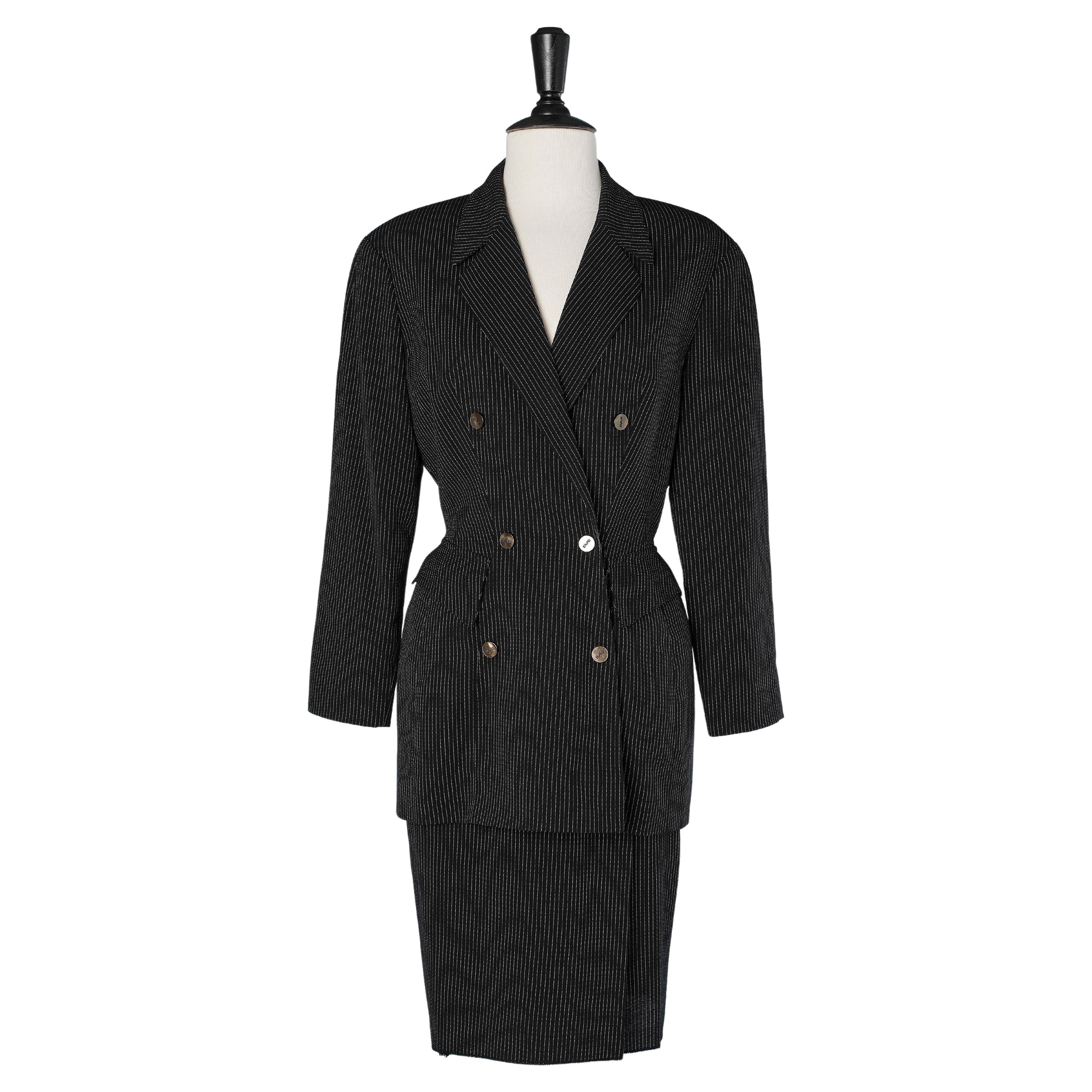 Tennis stripe skirt-suit in wool with branded snap.  Thierry Mugler For Sale