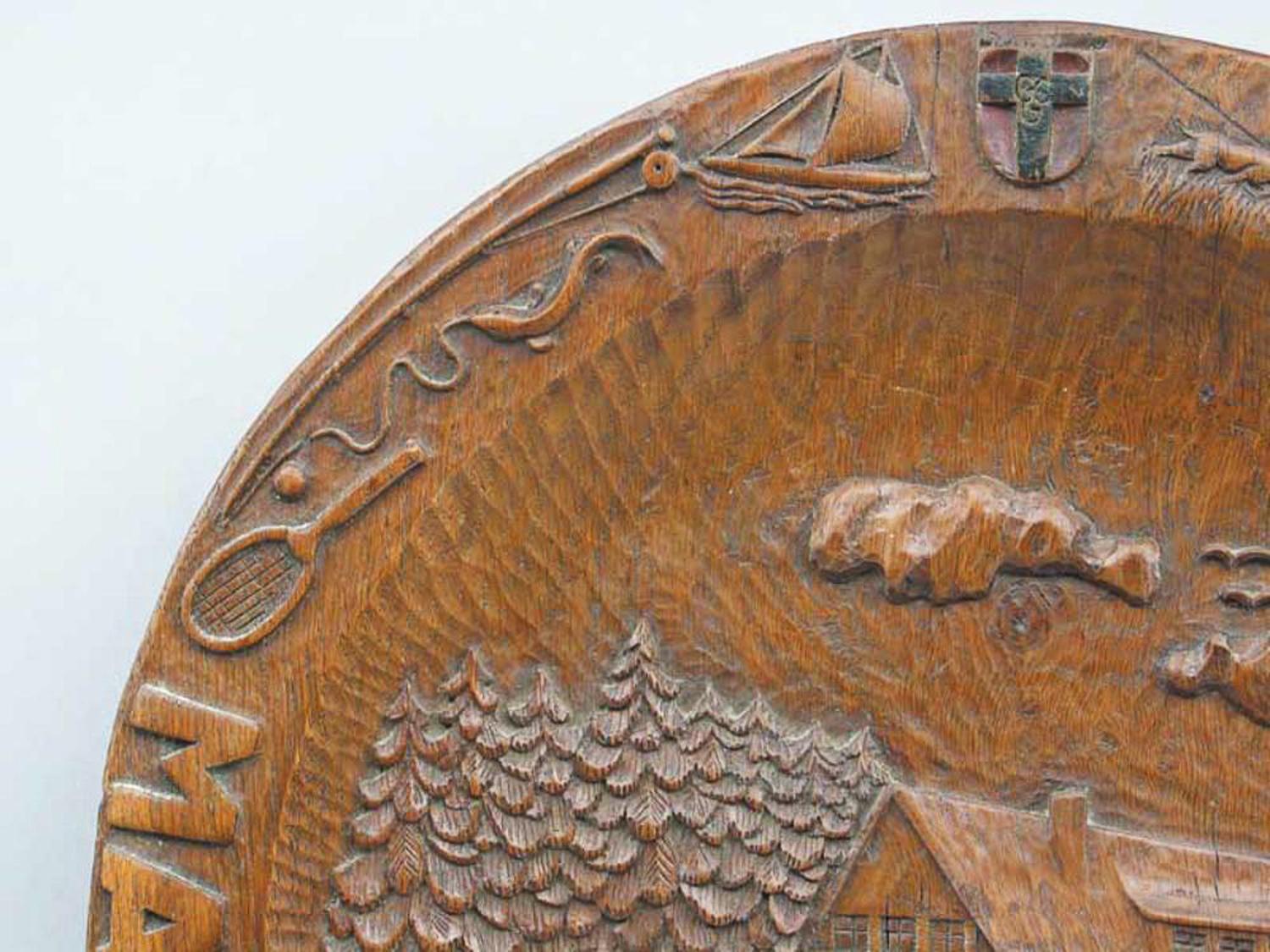 German sport, tennis trophy.
A carved oak commemorative plate dedicated, 'to COL. Oswald, DSO., on the first anniversary, in May 1947, the Oswald House, in Marienheide, Germany.' The front of the plate depicts Oswald House with Red Deer in the