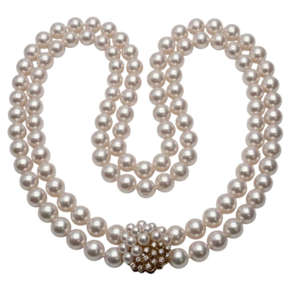 Collier à plusieurs rangs en or jaune 18 carats, avec perles Akoya et diamants