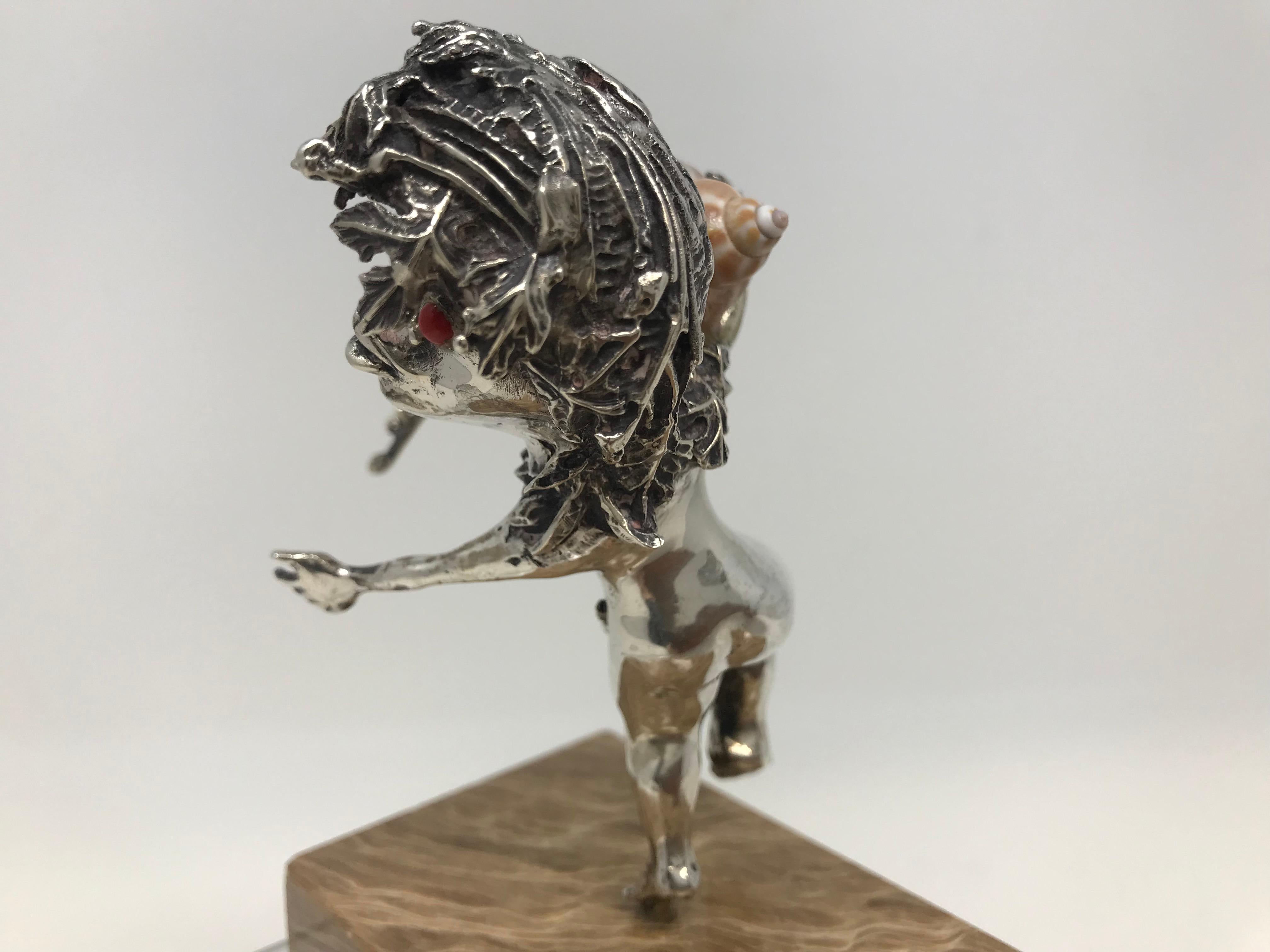 Vintage Sterling Silber & Muschel Horoskop Figur mit dem Wassermann auf Marmorsockel, von dem spanischen Künstler Teno Aurelio, geboren 1927-2013. Original Label an der Basis, keine Box vorhanden.