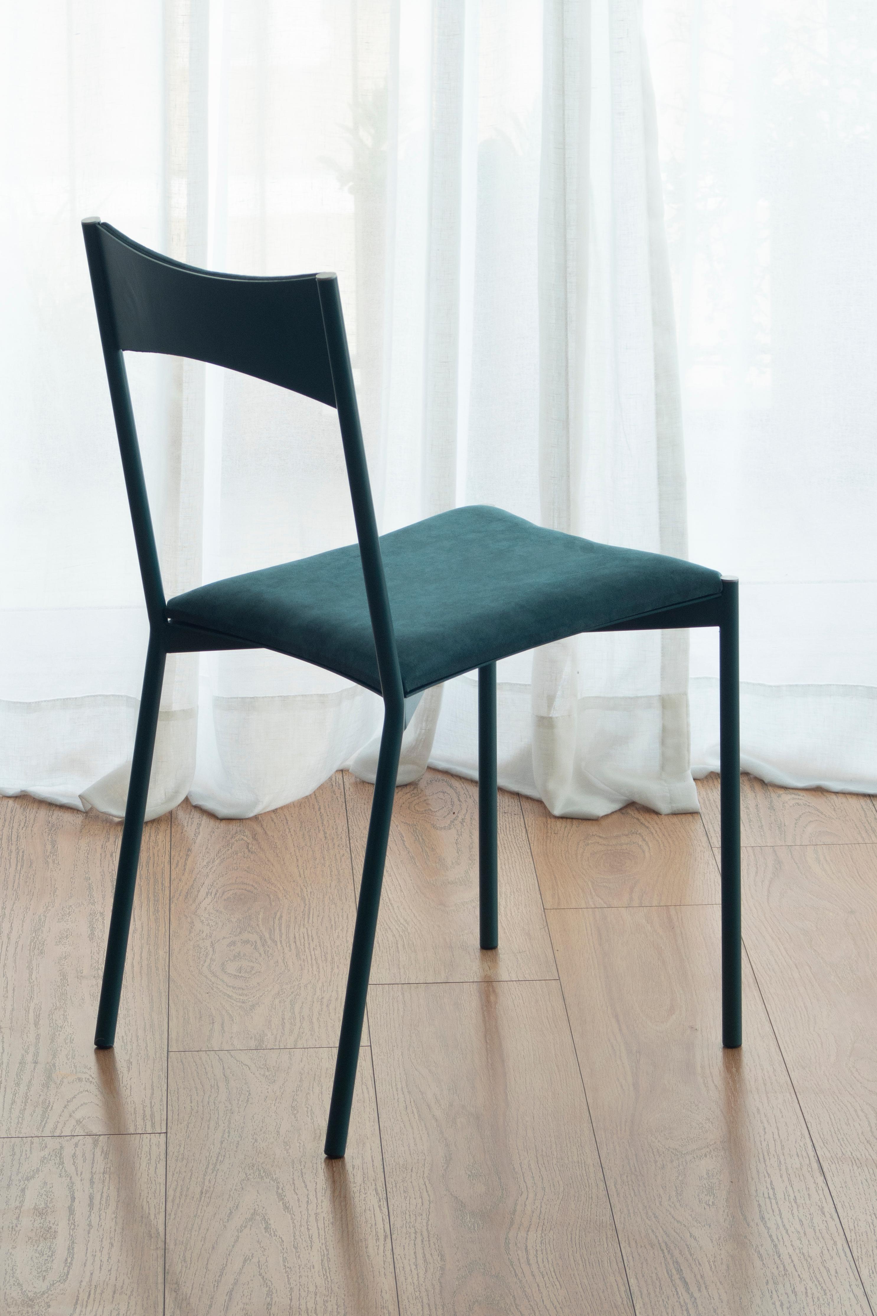 Tensa chair, oceano by Ries
Dimensions: W40 x D49,5 x H82 cm 
Materials: Round steel tube, laser cut metal sheet, high density foam, velvet upholstery, aluminum/bronze caps
Matte powder coated painting (Finishings)

Also available: Dark blue,