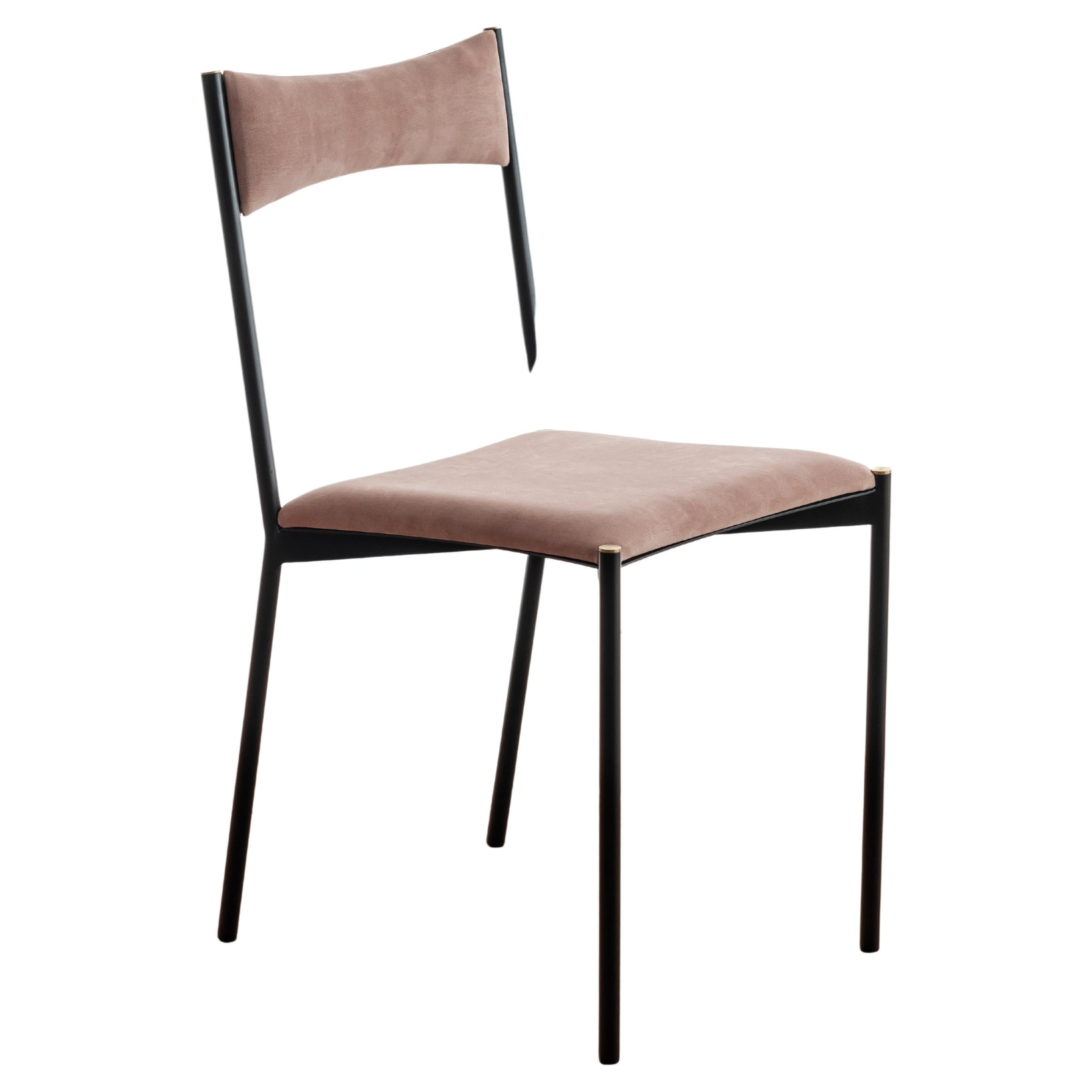 Tensa chair, Pink by Ries
Dimensions: W40 x D49,5 x H82 cm 
Materials: Round steel tube, laser cut metal sheet, high density foam, velvet upholstery, aluminum/bronze caps
Matte powder coated painting (Finishings)

Also Available: Dark Blue,