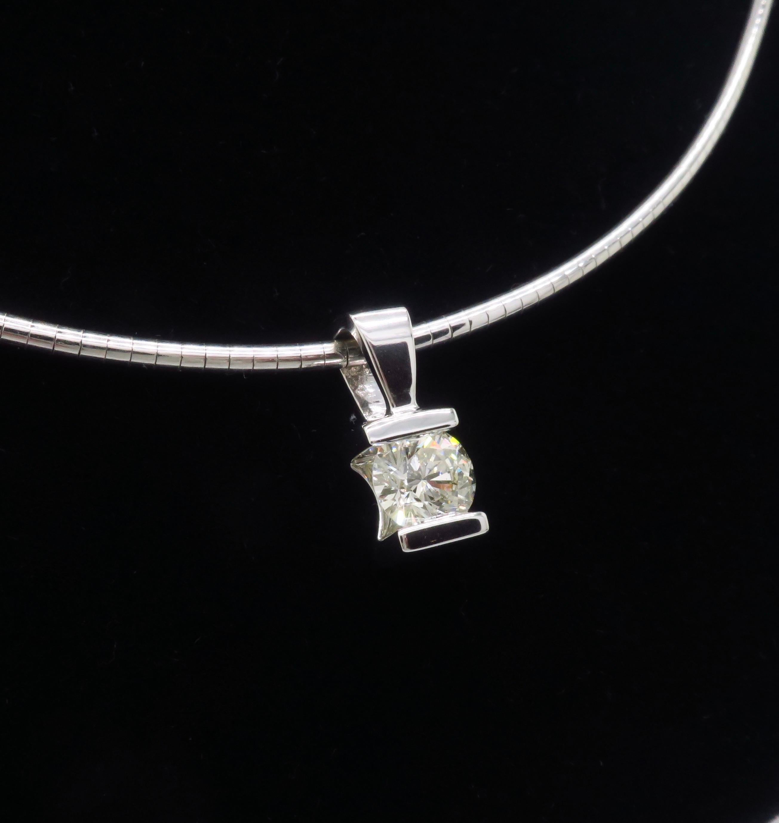 Tension Set Diamond Solitaire Pendant Collar Style Necklace  1