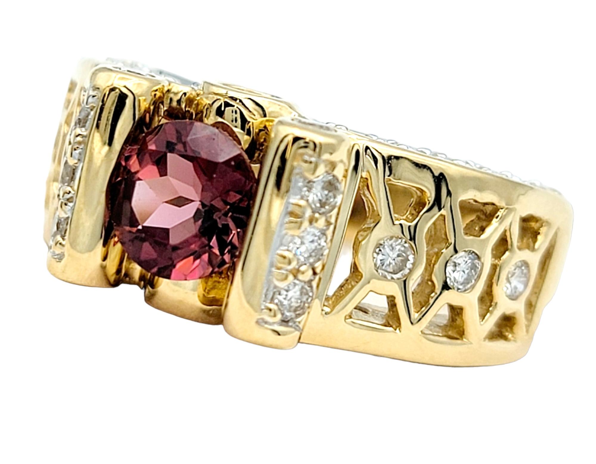 Contemporary Tension Set Round Tourmaline and Diamond Ring with Side Cutouts in 14 Karat Gold For Sale