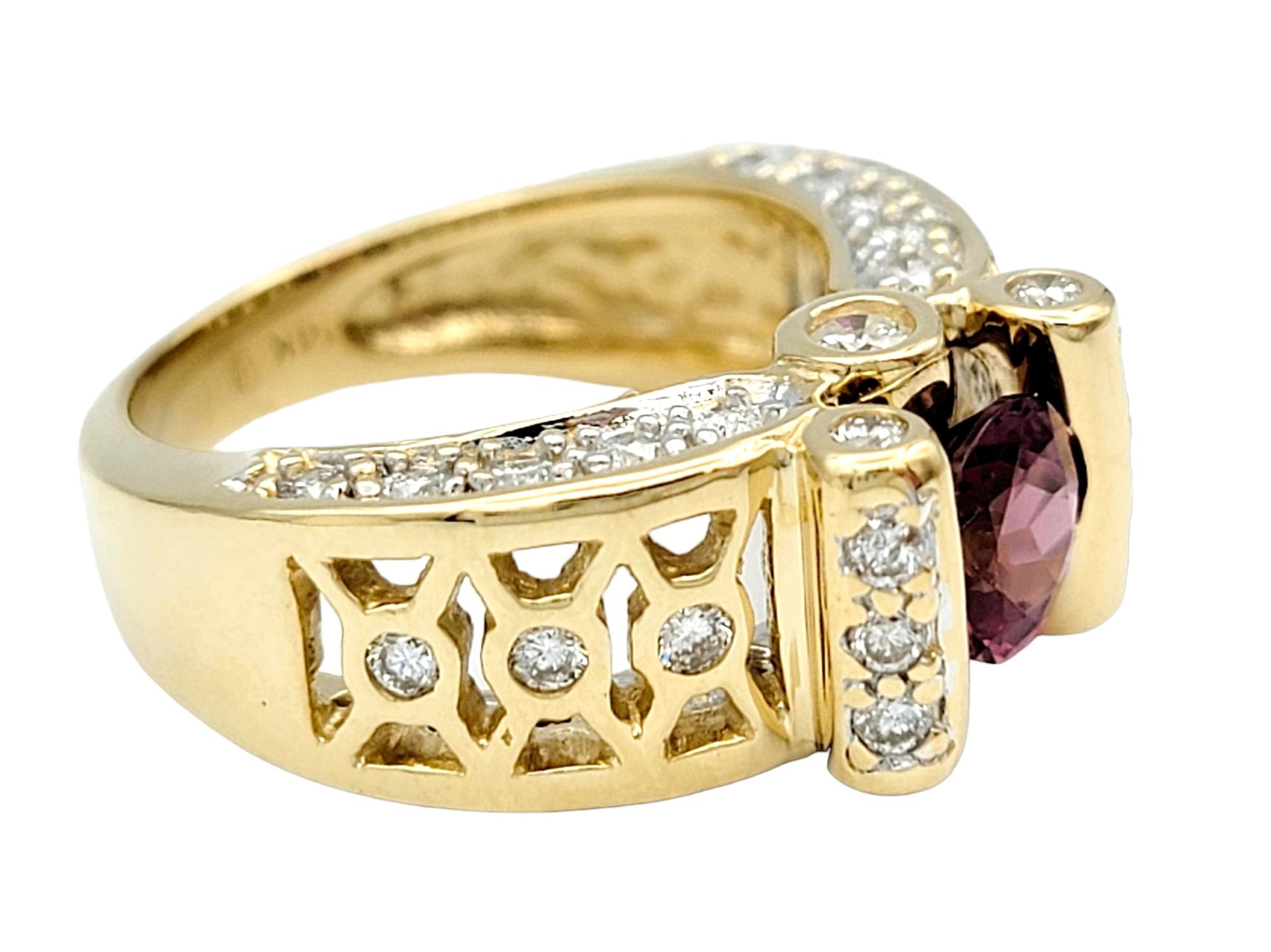 Round Cut Tension Set Round Tourmaline and Diamond Ring with Side Cutouts in 14 Karat Gold For Sale