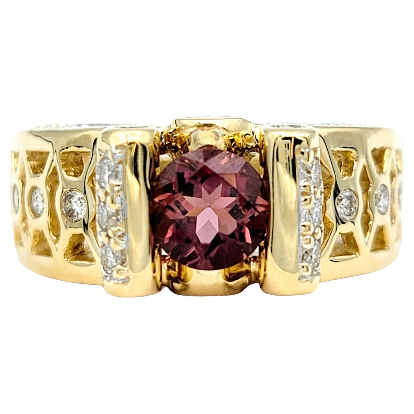 Tension Set Round Tourmaline and Diamond Ring with Side Cutouts in 14 Karat Gold For Sale