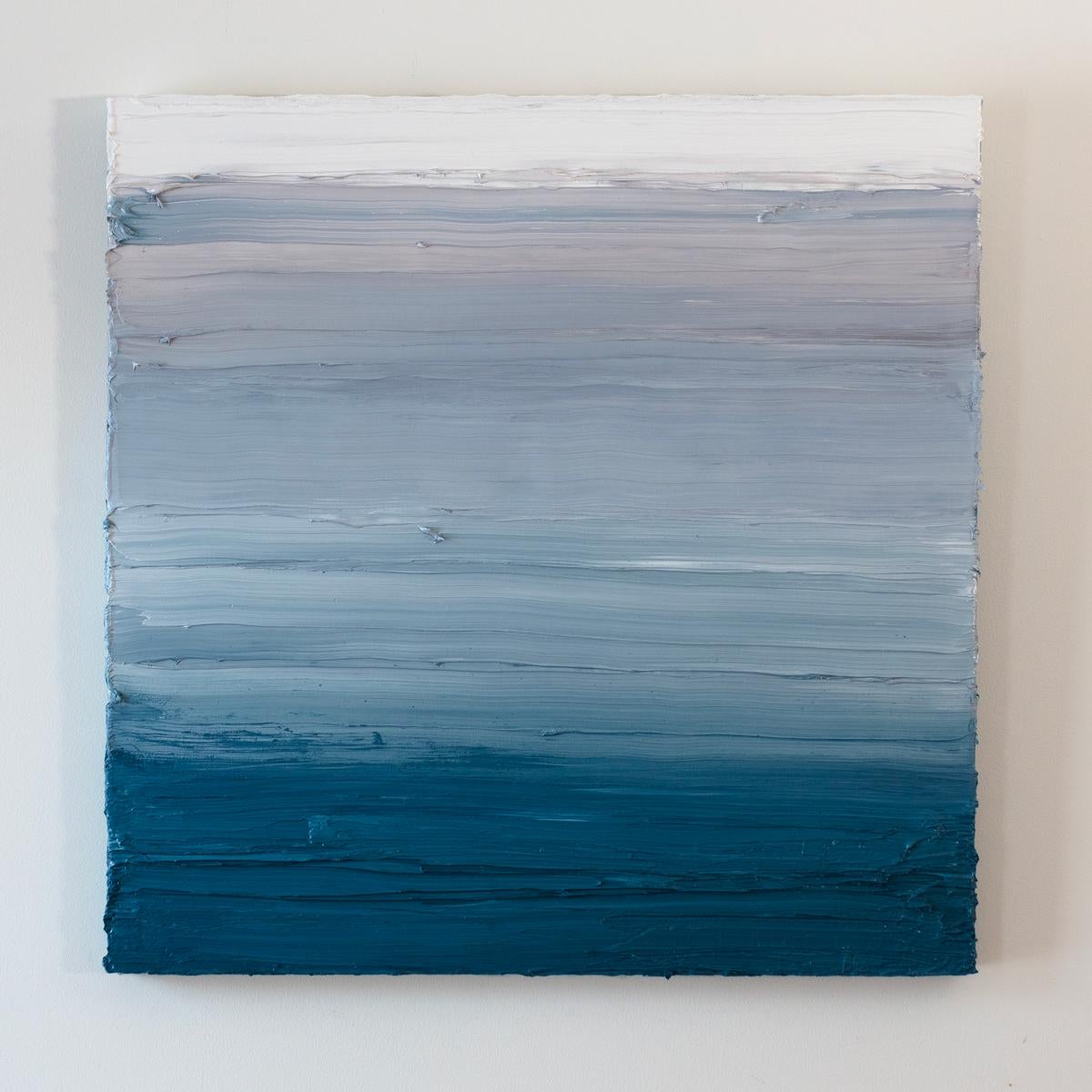 This textured abstract painting by Teodora Guererra features a blue, grey, and white palette. The artist applies thick layers of oil paint in sweeping, horizontal gestures - a process she likens to frosting a cake. The layers are blended beginning