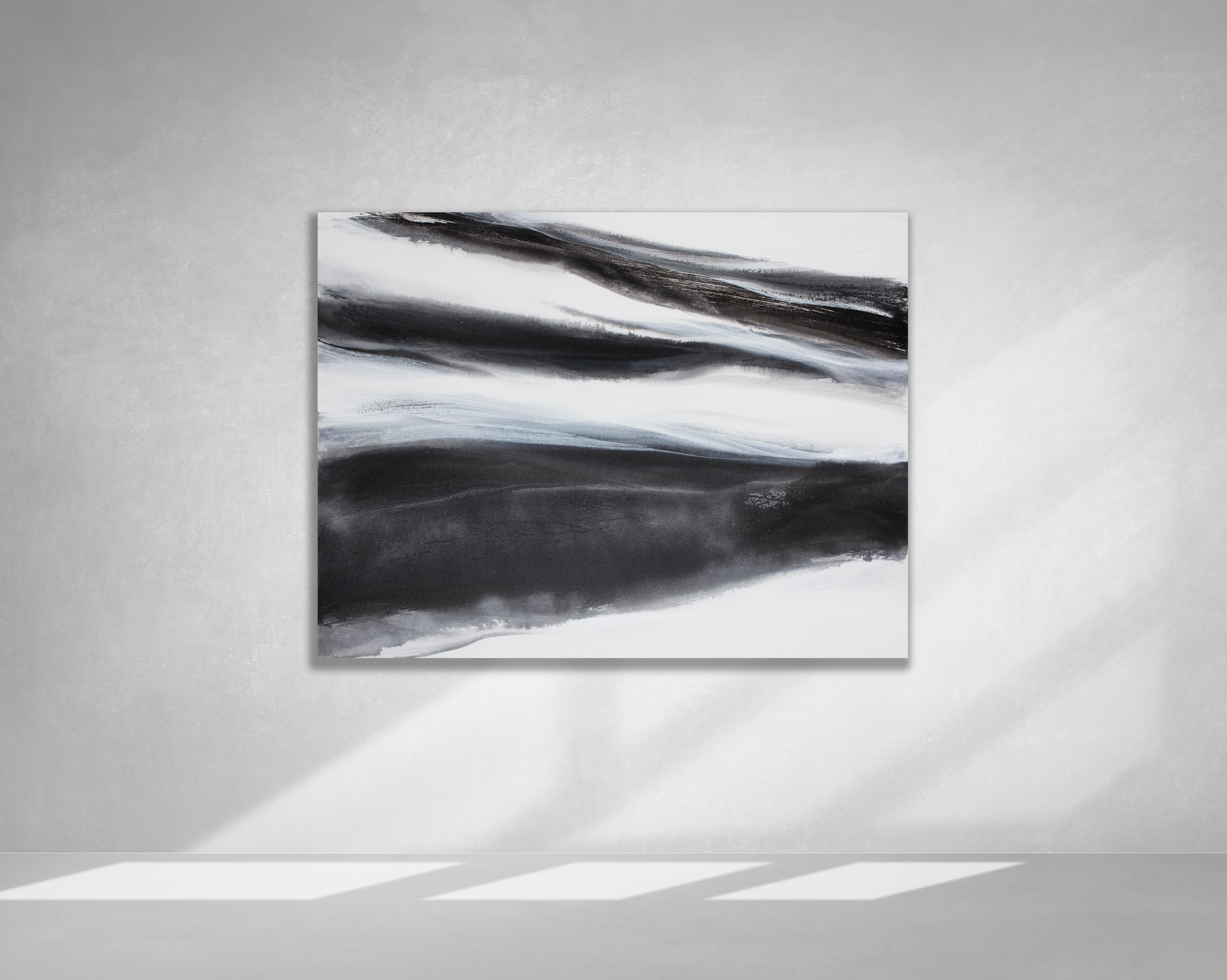 Teodora Guererra Abstract Painting - 'Black Tie', Abstract Black, White & Silver Metallic Contemporary Painting 