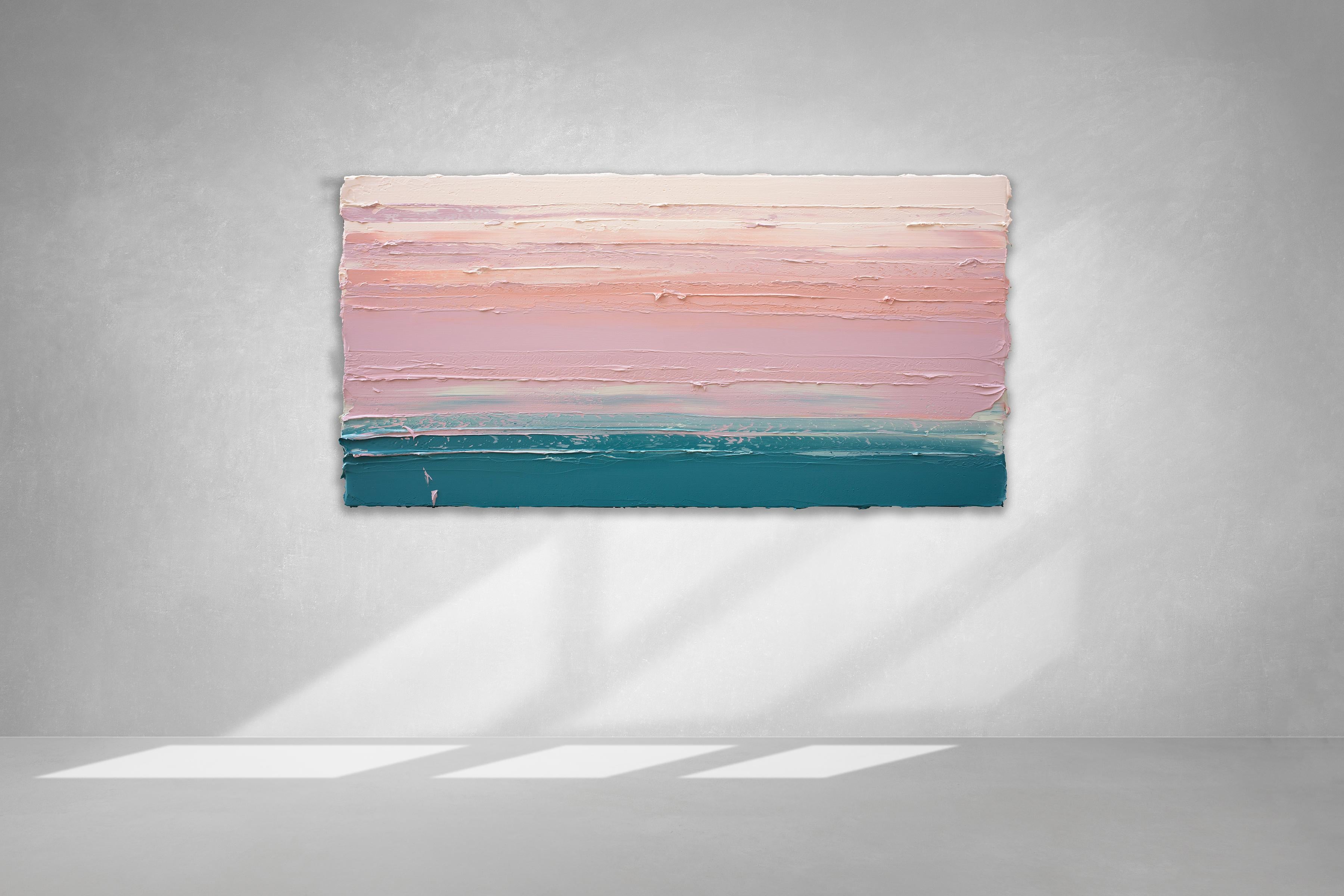This abstract painting by Teodora Guererra features a deep teal and pink palette. The artist layers thick strokes of paint using a palette knife in broad, horizontal sweeping strokes over gallery wrapped canvas, creating an energetic composition and
