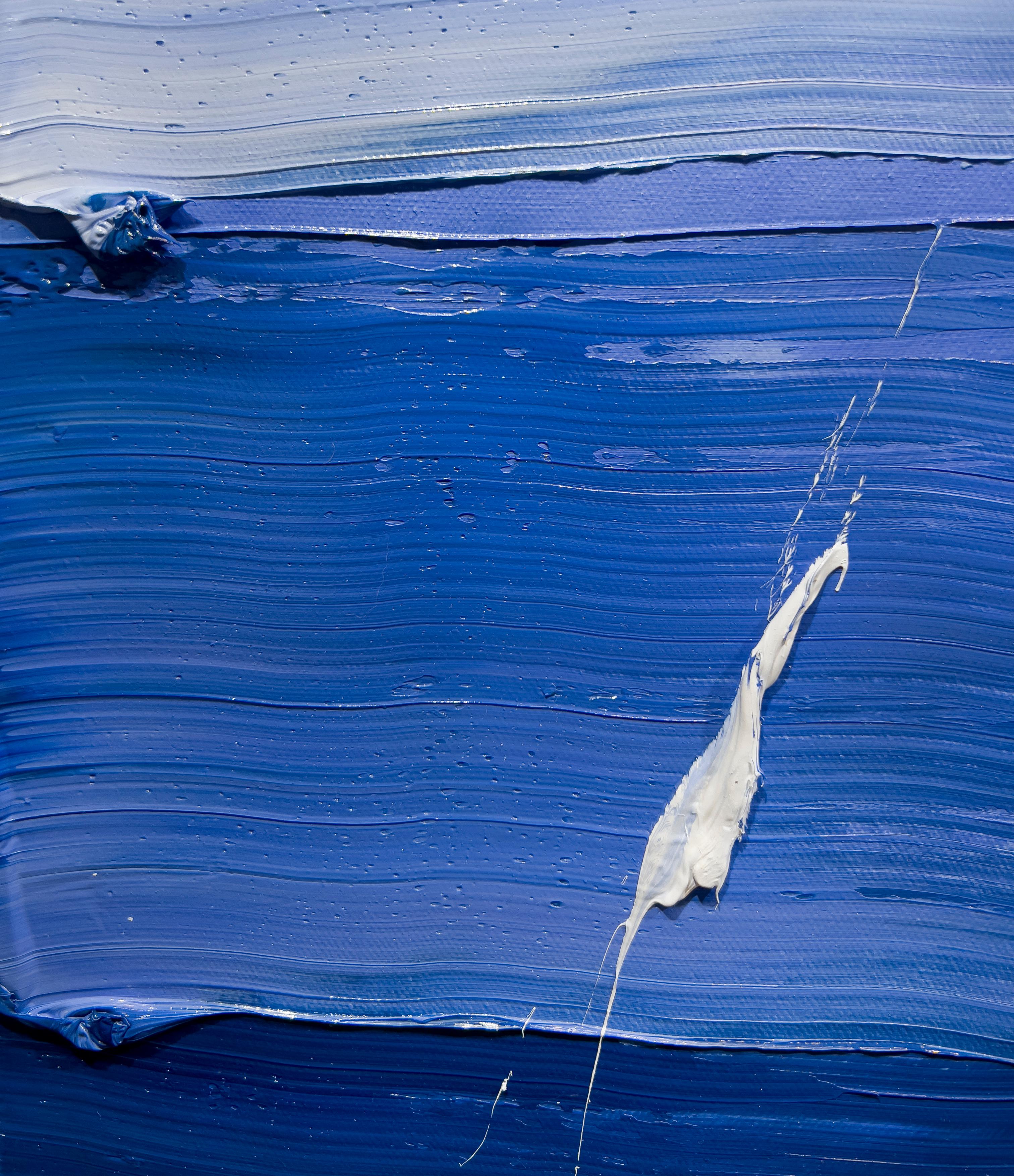 Questo quadro astratto contemporaneo di Teodora Guererra è caratterizzato da una tavolozza blu brillante. L'artista applica spessi strati di pittura a olio con ampie pennellate per ottenere un dipinto altamente strutturato che passa da una profonda