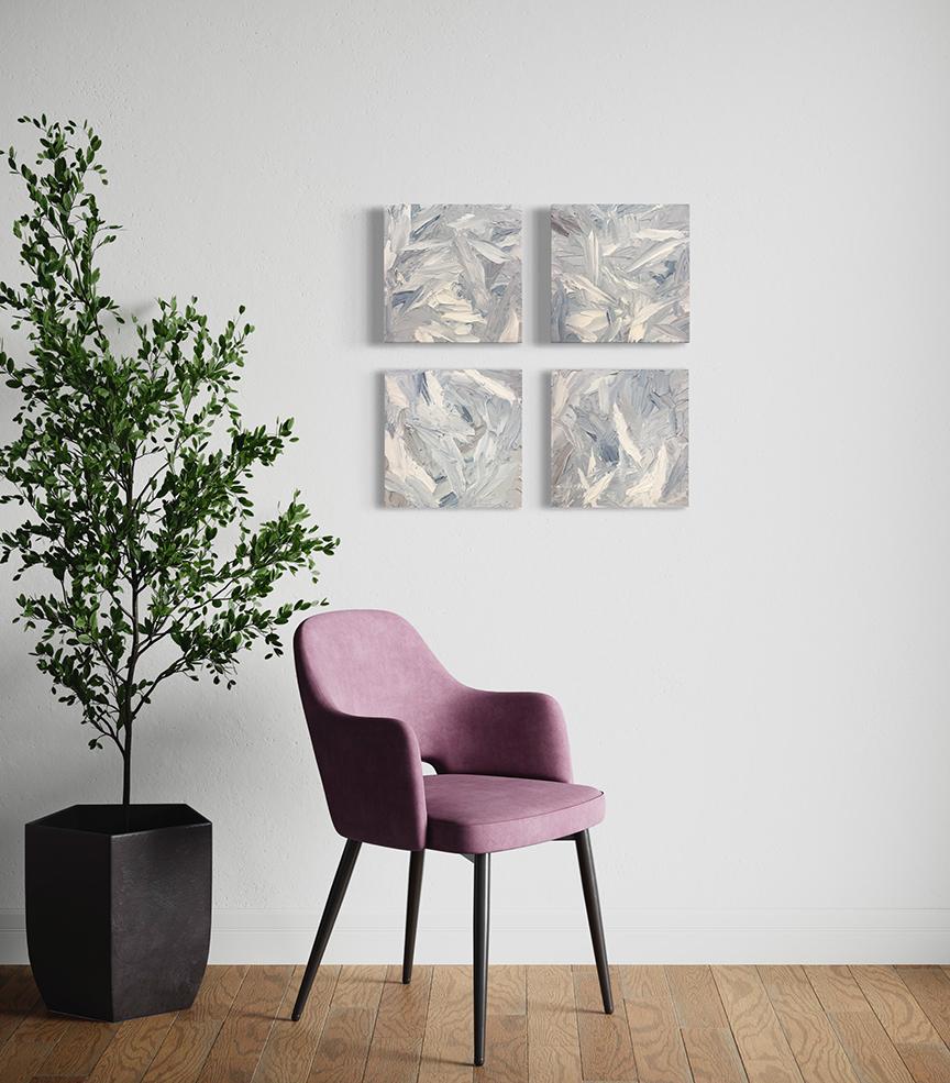 Questo dittico astratto di Teodora Guererra è caratterizzato da una tavolozza di colori blu, grigio e bianco. L'artista stende spesse pennellate di colore con una spatola sulla tavola, creando una composizione astratta e una finitura altamente