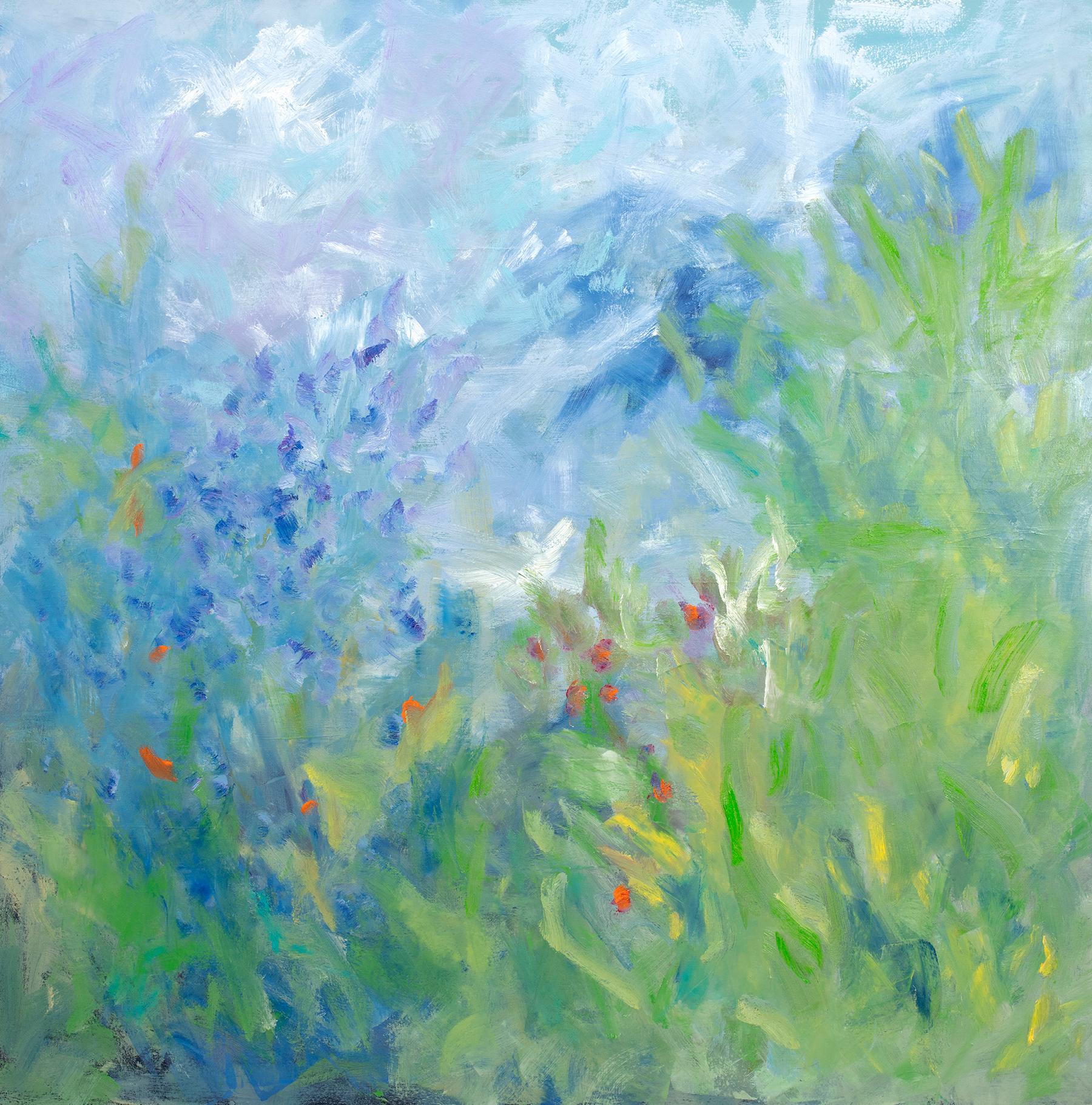 This large abstract floral painting features a light cool palette of green, blue, and lavender, with contrasting dabs of red. The artist layers expressive strokes of paint to create an abstracted garden scene, creating an aesthetic of small buds and