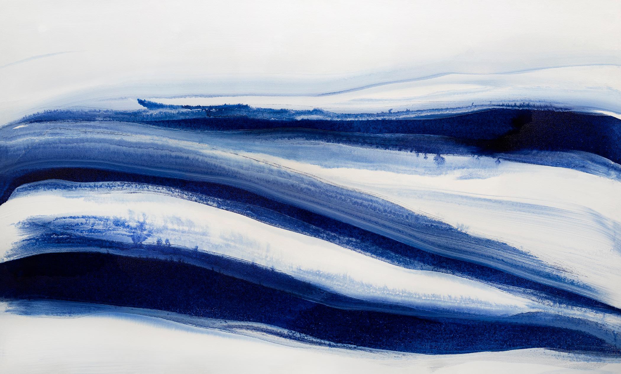This large-scale abstract painting by Teodora Guererra features a blue and white palette. The artist blends a wash of deep blue tones to create a flowing composition, with ribbons of blue extending horizontally across the canvas. The painting is