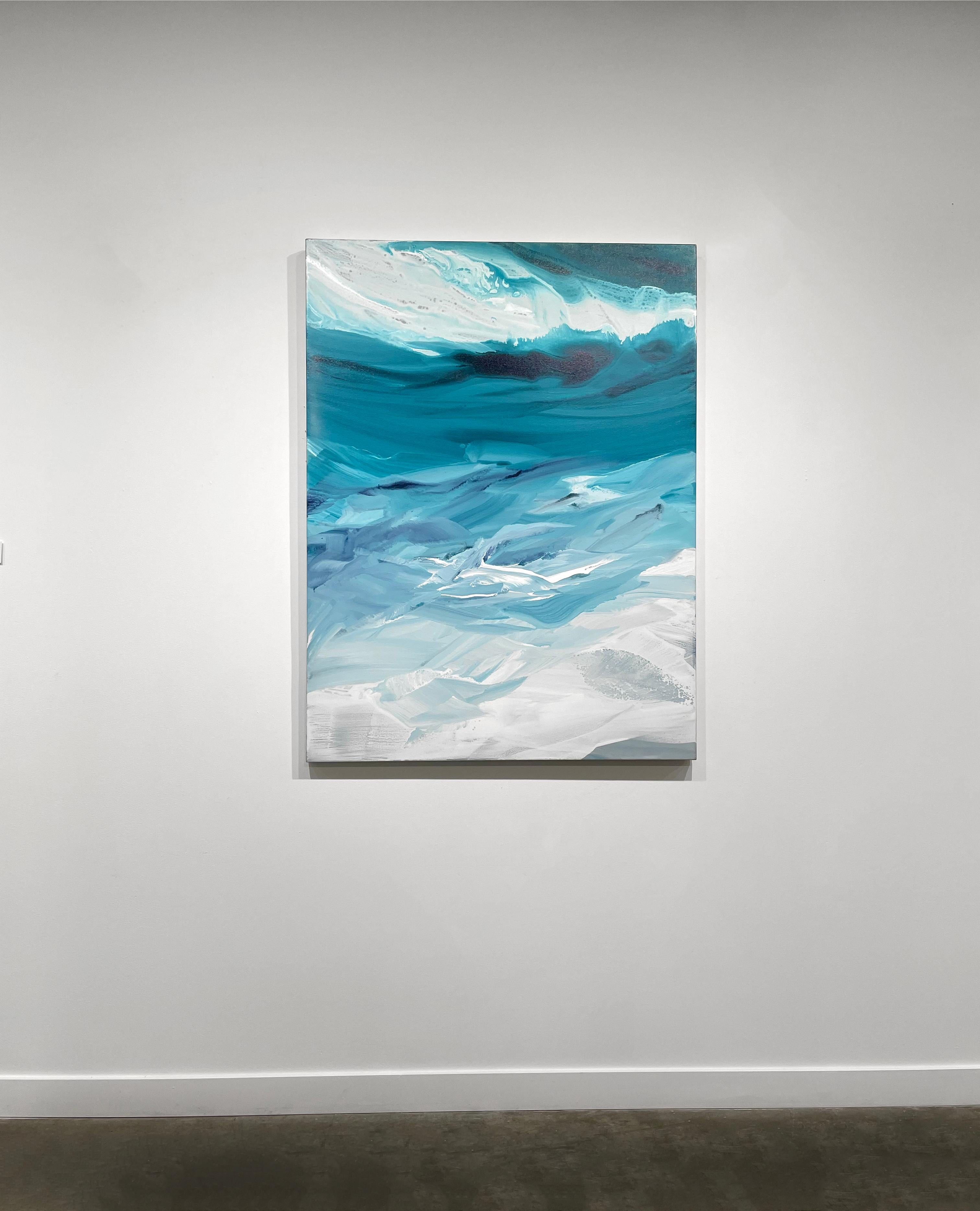 This abstract painting by Teodora Guererra is made with acrylic paint on gallery wrapped canvas. It features a vibrant teal-green palette, blended together in large strokes and washes of white and light grey. The painting is wired and ready to hang.