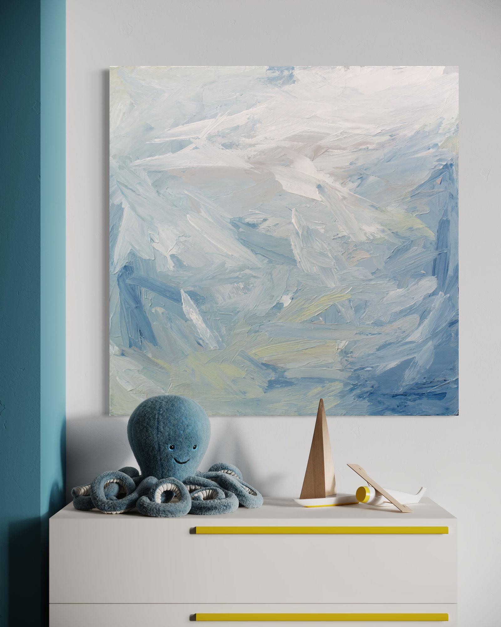 Cette peinture abstraite de Teodora Guererra présente une palette de bleu clair, de vert et de blanc. L'artiste applique d'épaisses touches de peinture à l'aide d'un couteau à palette, par larges coups de pinceau, sur une toile emballée, créant
