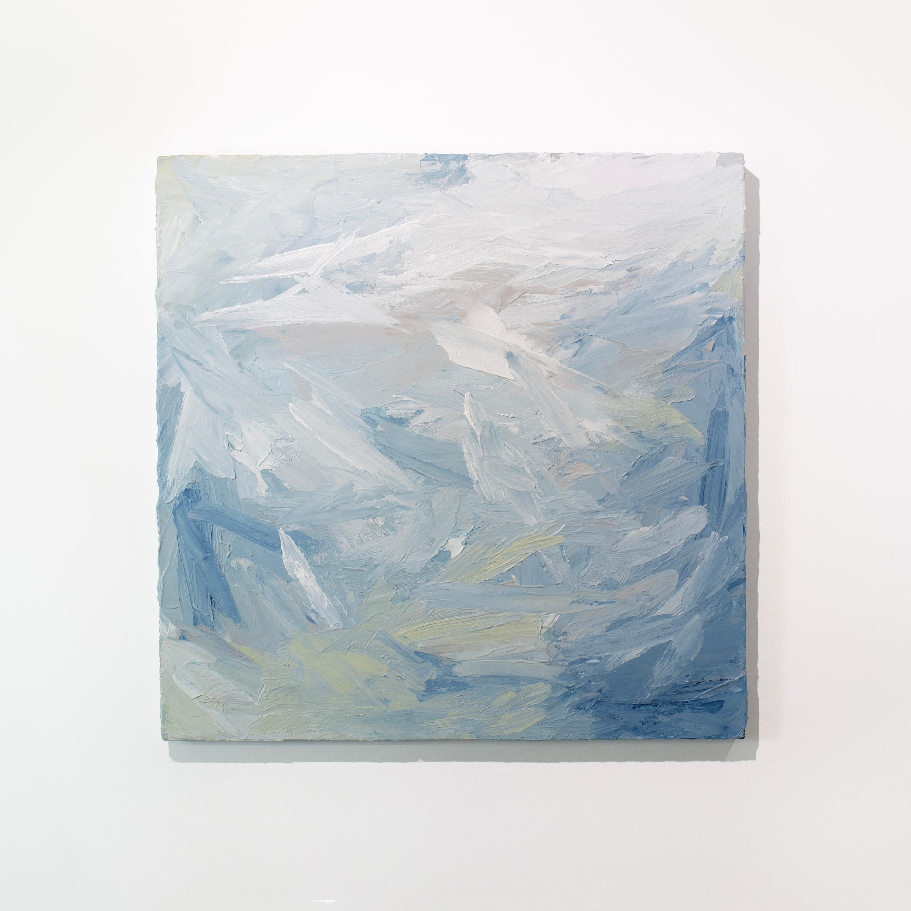 This abstract painting by Teodora Guererra features a light blue, green, and white palette. The artist layers thick strokes of paint using a palette knife in broad, sweeping strokes over gallery wrapped canvas, creating an energetic composition and