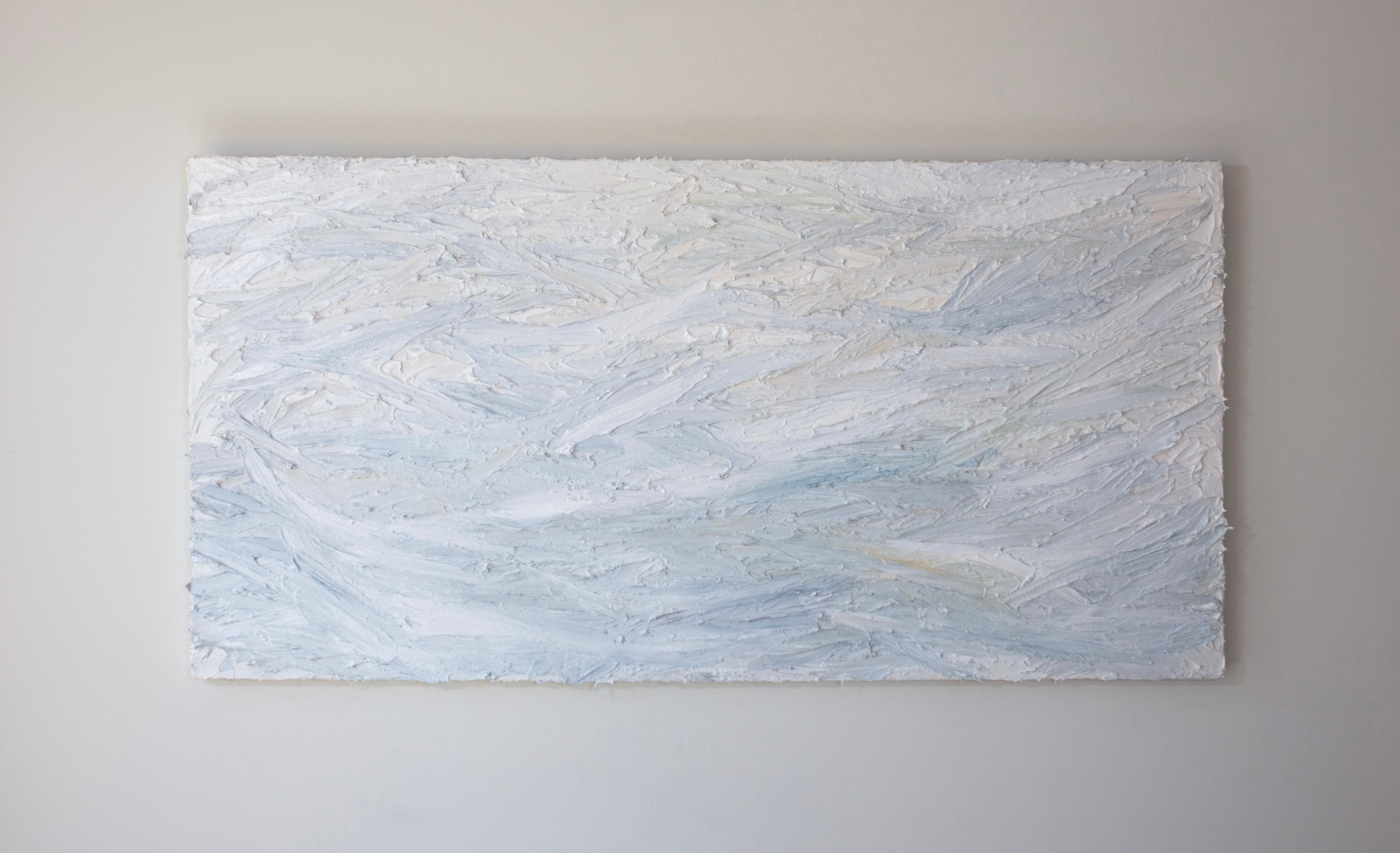 This large abstract statement painting by Teodora Guererra features a light, cool palette of primarily blue and white, with very subtle light yellow accents. The artist applies thick layers of paint in quick gestures, creating a highly textured