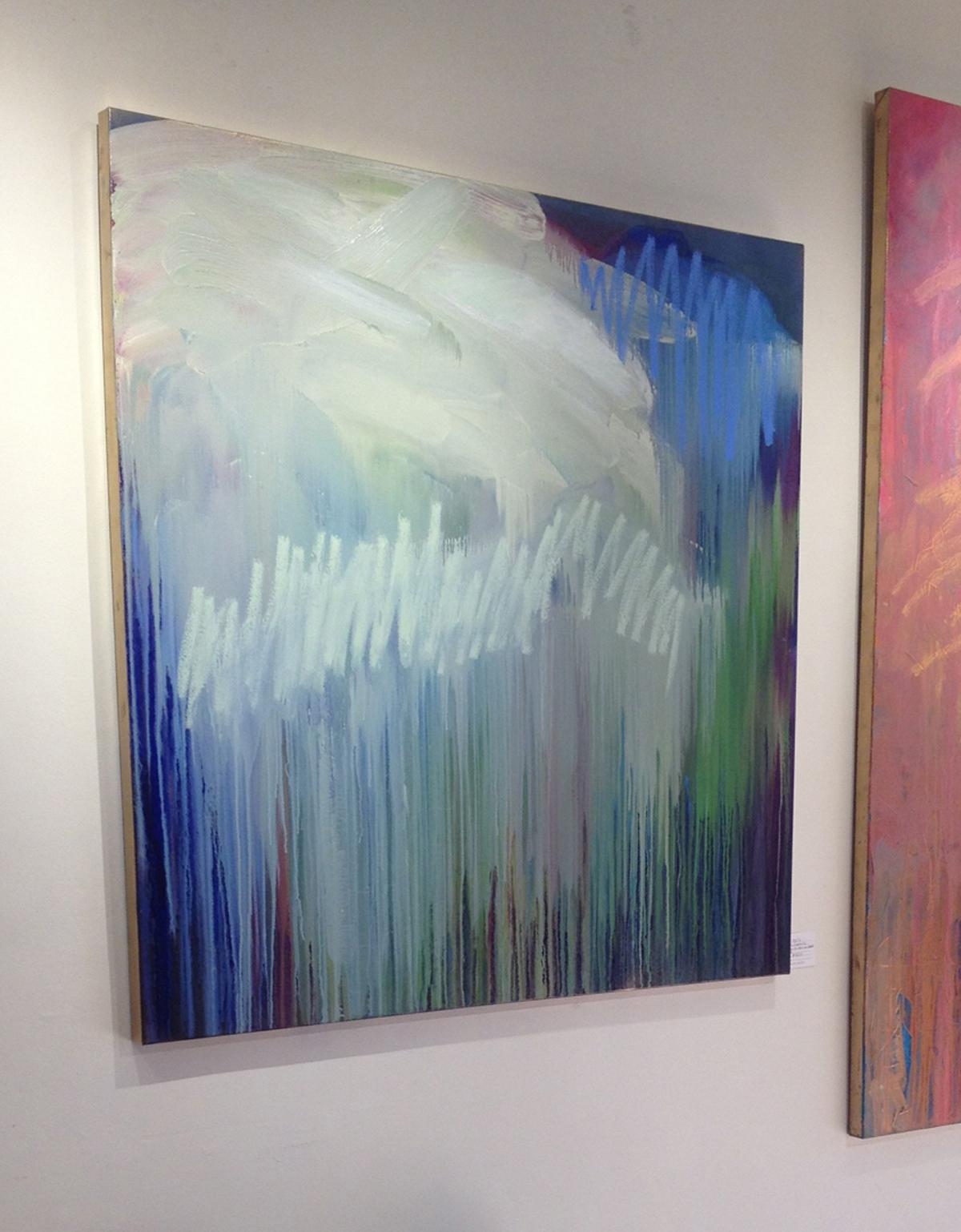 This abstract painting by Teodora Guererra features the artist's drip technique, dripping varying colors of paint down the painting, with white and blue drawn marks and broad paint strokes at the top of the composition. The painting is made on