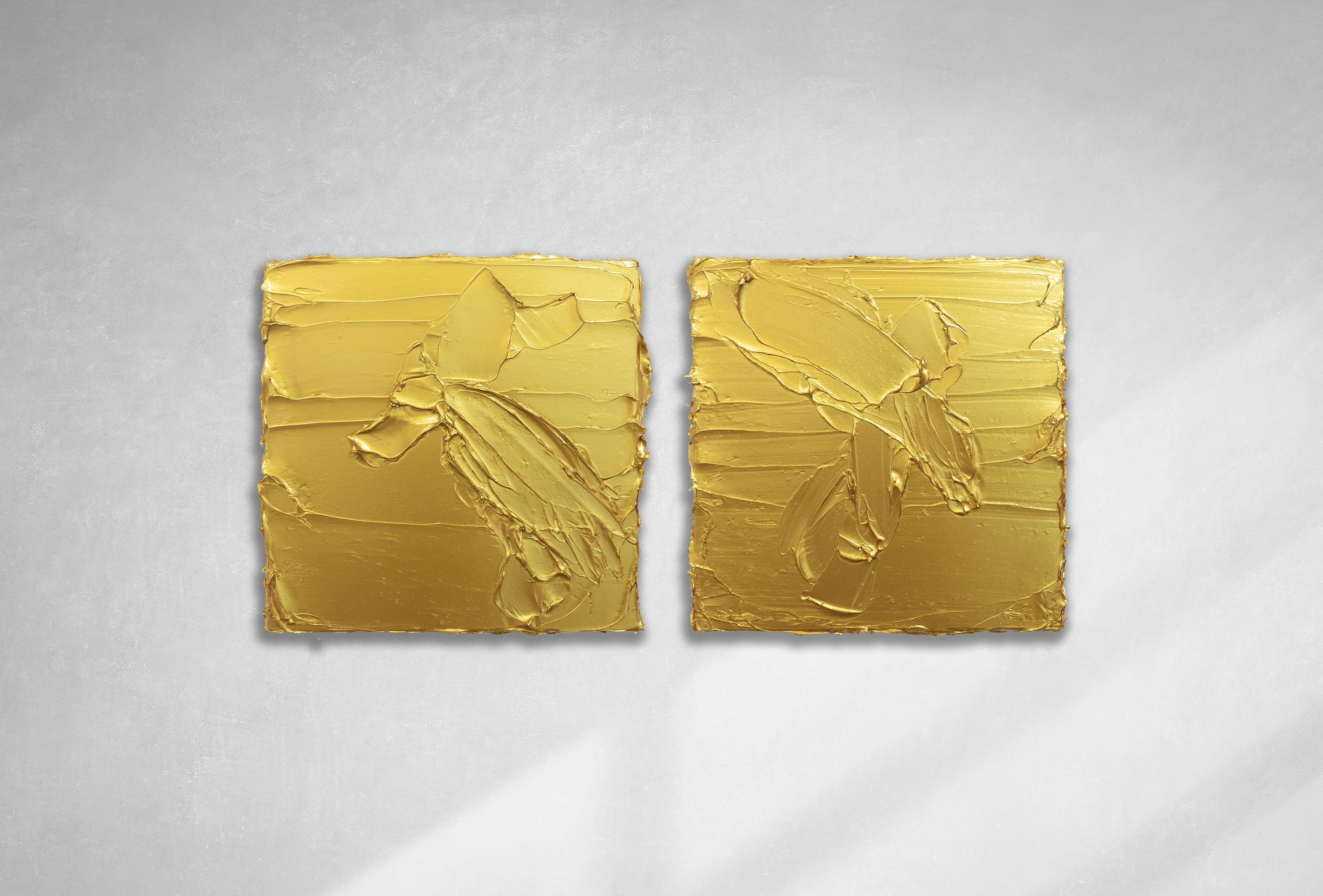 This pair of abstract paintings by Teodora Guererra features a metallic gold palette. The paint is layered on canvas in thick strokes for a highly textured surface. These two paintings are like wall sculptures. It is wired and ready to hang, and is