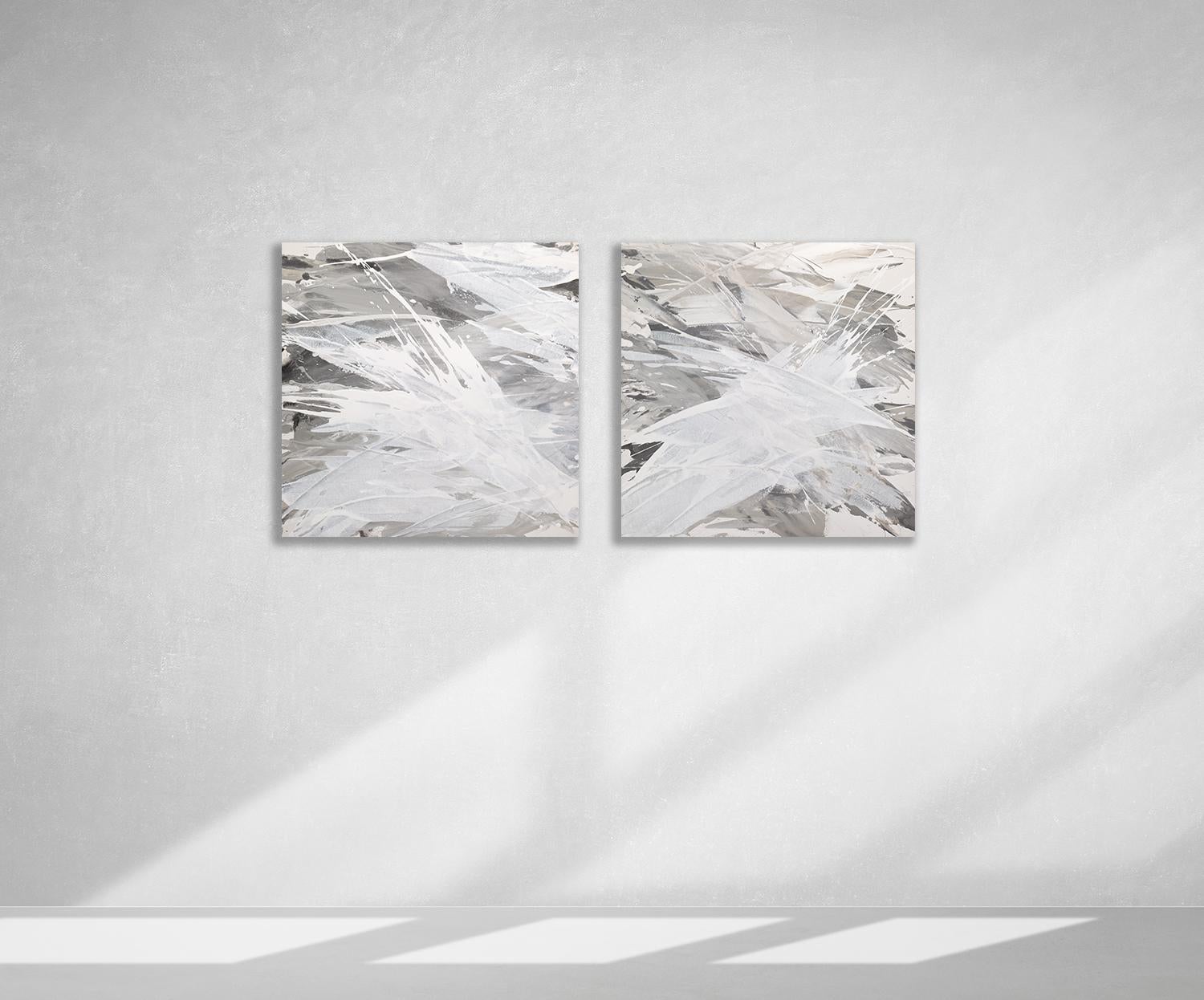 This abstract diptych by Teodora Guererra is comprised of two gallery wrapped canvases, 30