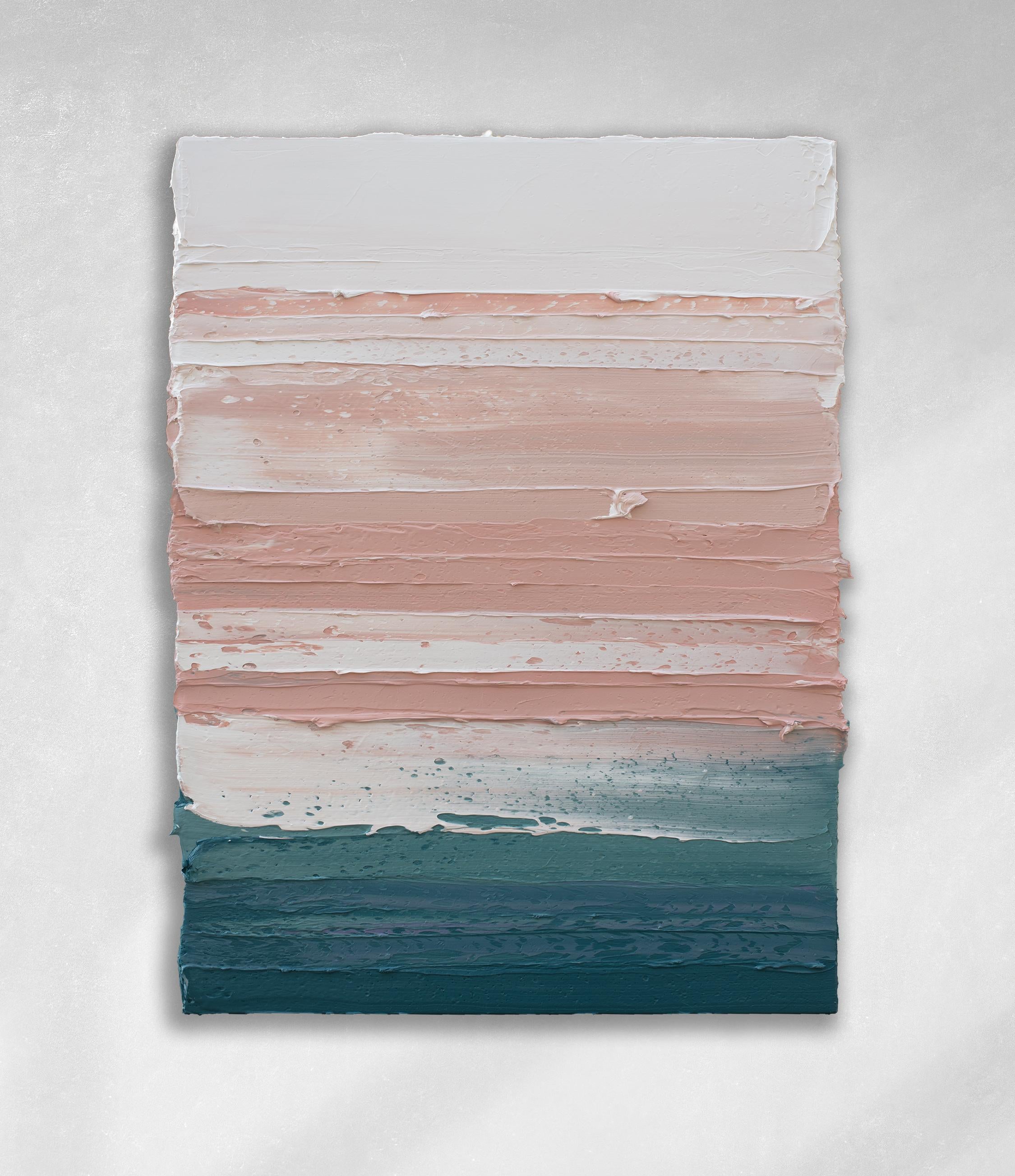 This abstract painting by Teodora Guererra features a teal, pink, and white palette. The artist layers thick strokes of paint using a palette knife in broad, horizontal sweeping strokes over gallery wrapped canvas, creating an energetic composition