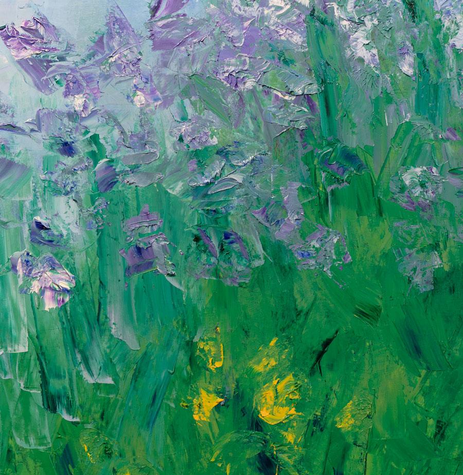 This large, abstract floral painting is made with thick layers of oil paint on canvas. The garden scene with green grass on the bottom half of the composition is speckled with yellow, violet, and lavender, which blend the greenery into the blue sky