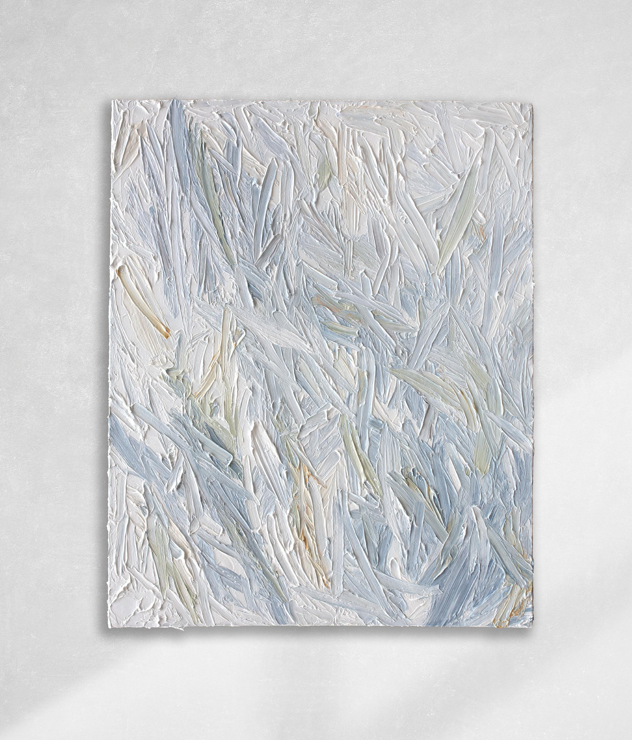 This large abstract statement painting by Teodora Guererra features a light, cool palette of primarily blue and white, with yellow and muted green accents throughout the composition. The artist applies thick layers of paint in quick gestures,