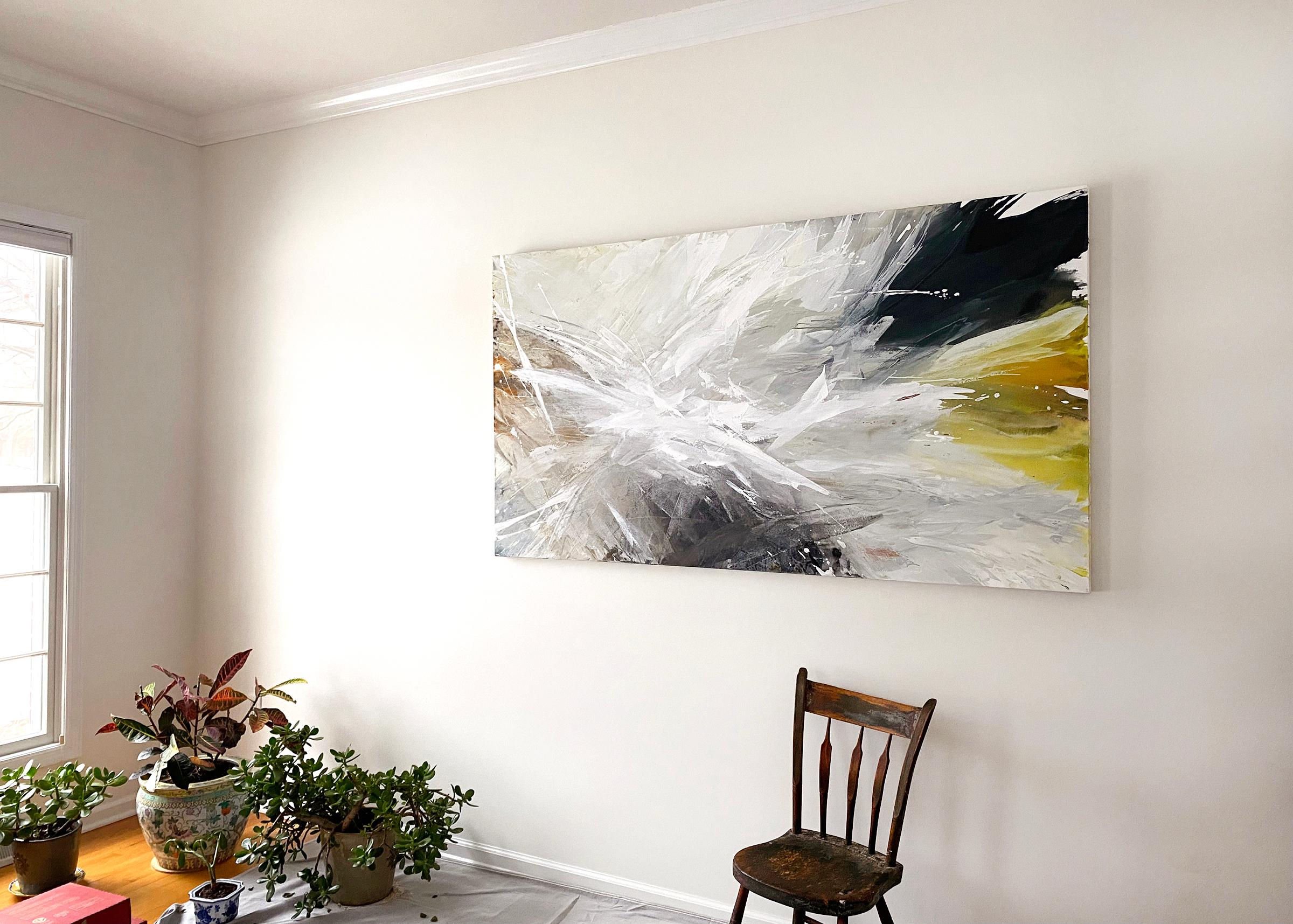 This abstract painting by Teodora Guererra is made with acrylic paint on gallery wrapped canvas. The artist uses large palette knives to blend layers of color, but leaves large strokes of paint in tact over thinner washes, ultimately adding depth to