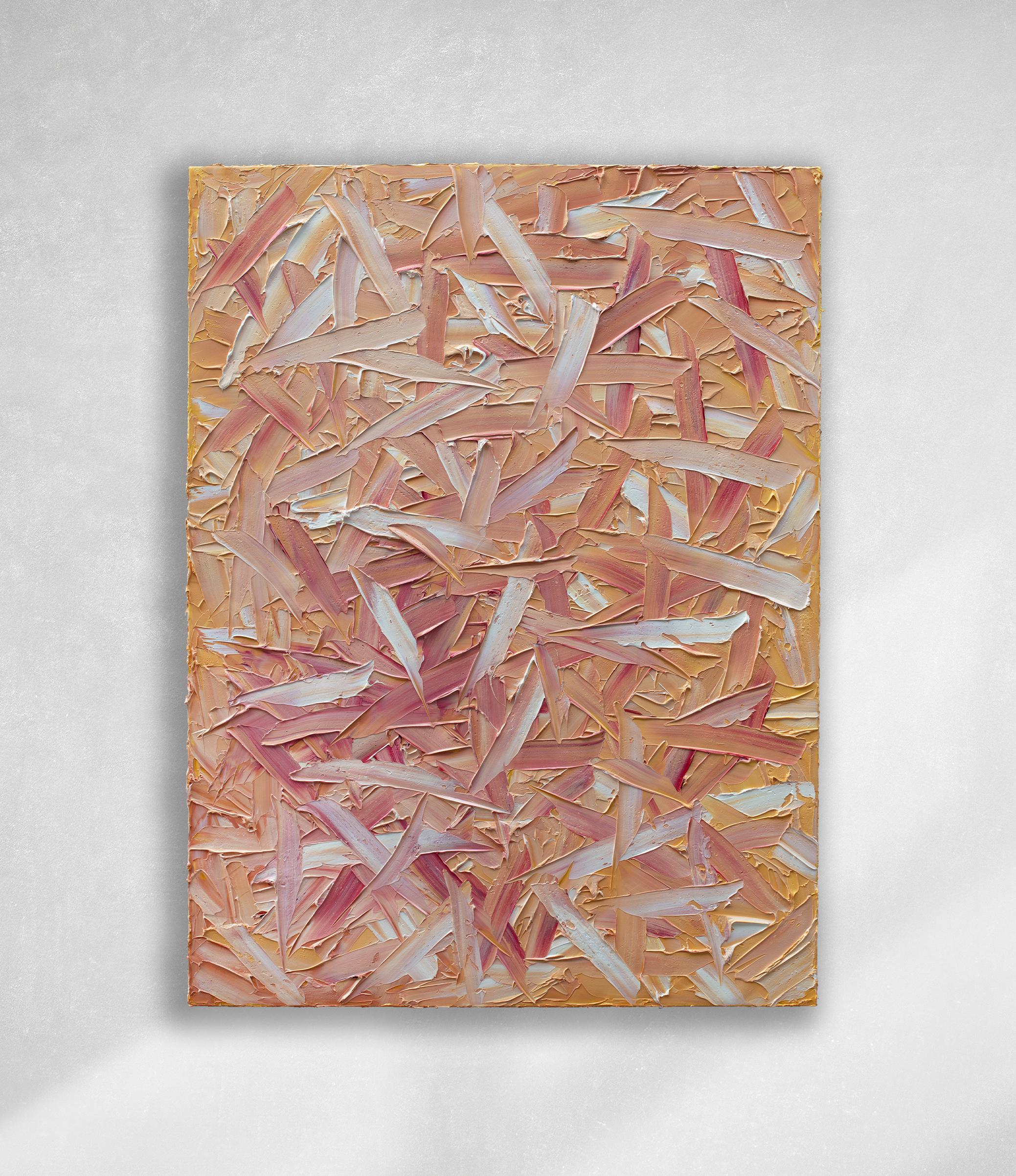 This textured abstract painting by Teodora Guererra features a warm orange and red palette with subtle white accents. The artist applies paint in thick layers and wide, energetic strokes layered across the canvas. The painting is signed on the back