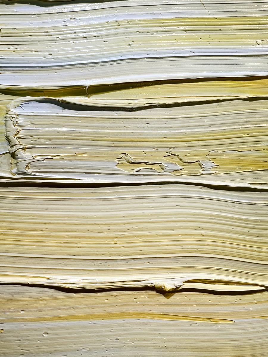 Questo quadro astratto contemporaneo di Teodora Guererra è caratterizzato da una tavolozza di colori giallo e bianco. L'artista applica spessi strati di vernice gialla e bianca sul dipinto con gesti orizzontali, dando consistenza alla superficie