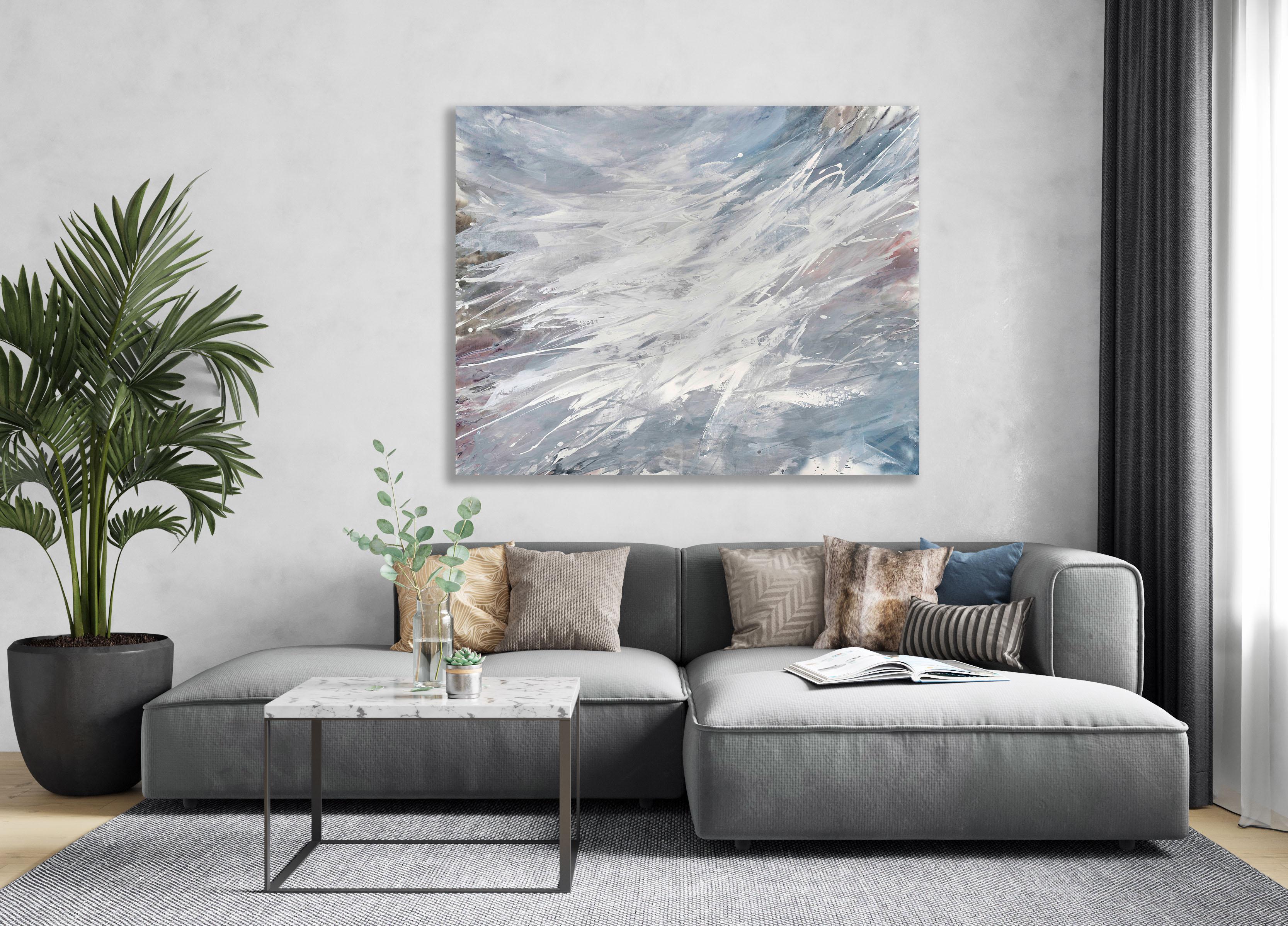 This contemporary abstract statement painting by Teodora Guererra is made with acrylic paint on gallery wrapped canvas. It features a cool, neutral grey palette, with layers of paint applied in large sweeping gestures. The painting has clean white