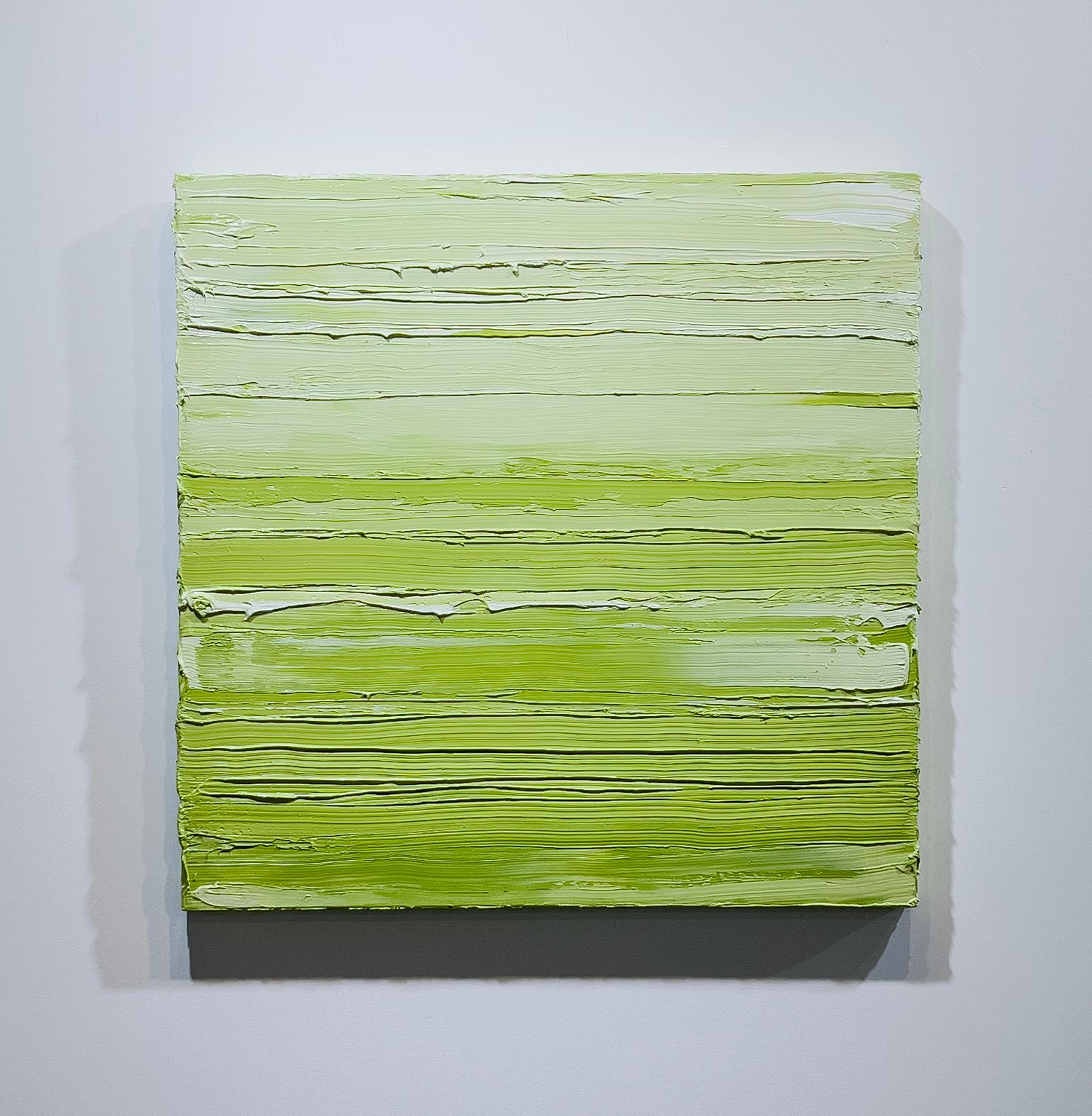 This contemporary abstract painting by Teodora Guererra features a bright green palette. The artist applies thick layers of green paint across the painting in horizontal gestures, giving the surface of the canvas texture in varying tints and shades
