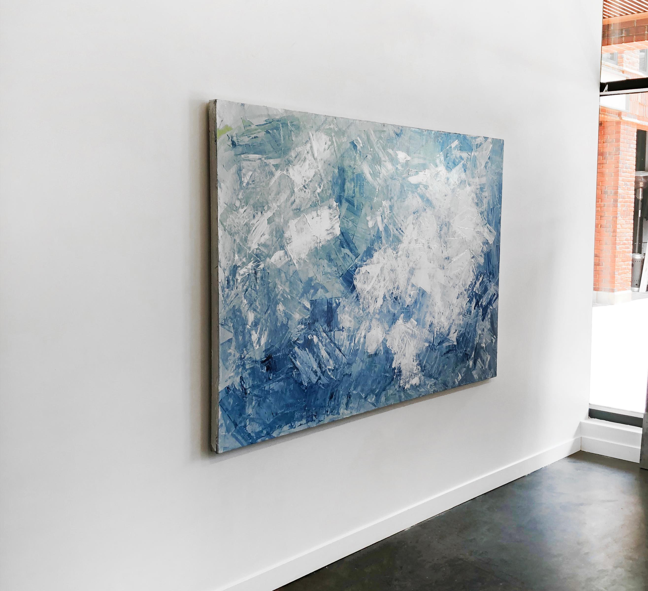 This large-scale, abstract statement painting is made with oil paint on canvas. The artist, Teodora Guererra, has layered paint onto the canvas using a palette knife, creating a highly textured abstract composition with elements of dark and powder